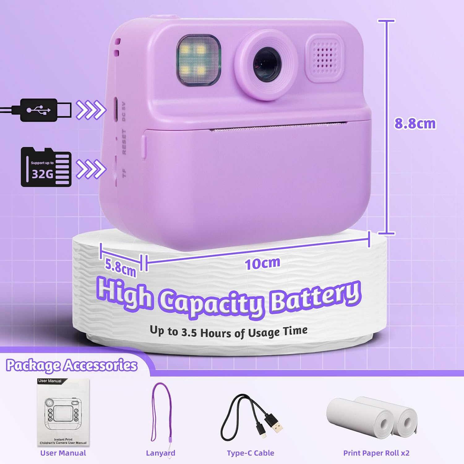 Lenoxx Kids 48MP Instant Print Camera with Dual Front & Rear Lenses, 1080P HD Video Recording, Instant Photo Printing with Paper, 2.0" HD Screen, Flash LED, Fun Effects &ndash; Purple image number 1