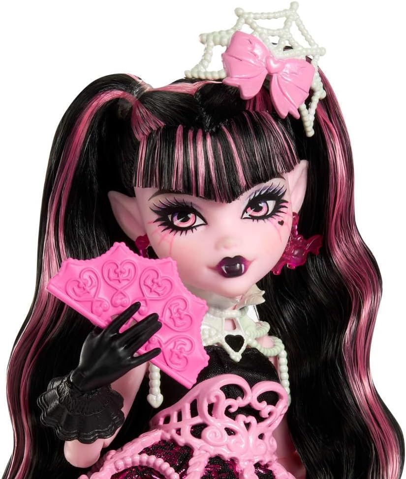 Monster High Scary Sweet Birthday Doll, Draculaura in Pink Party Dress with Themed Accessories like Invite, Balloon, Gift, Fan and More image number 2