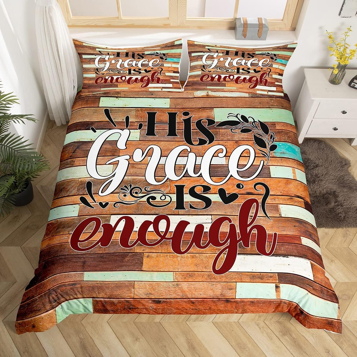 Manfei Rustic Farmhouse Bedding Set S Size Vintage Christian Bible Verses Duvet Cover for Kids Boys Girls Women Cyan Brown Cabin Wood Comforter Cover Love Theme Quote Quilt Cover