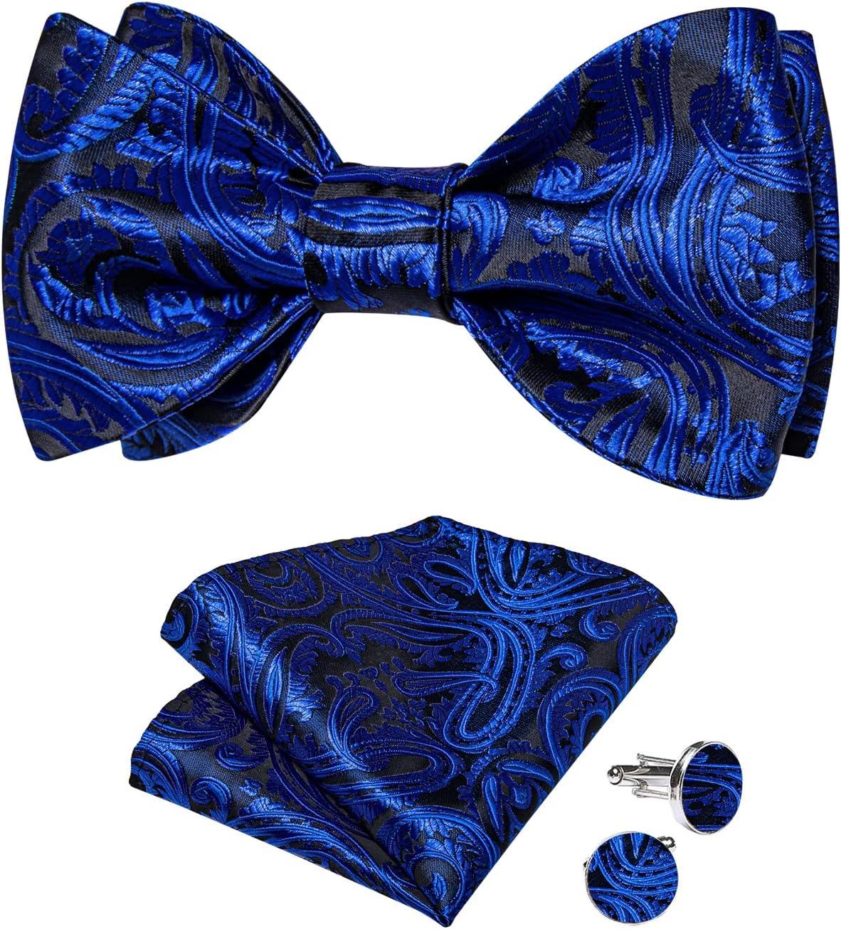 Dibangu Mens Silk Self Bow Ties,Woven Solid Striped Paisley Bowtie and Pocket Square Cufflinks Set for Men Tuxedo Wedding