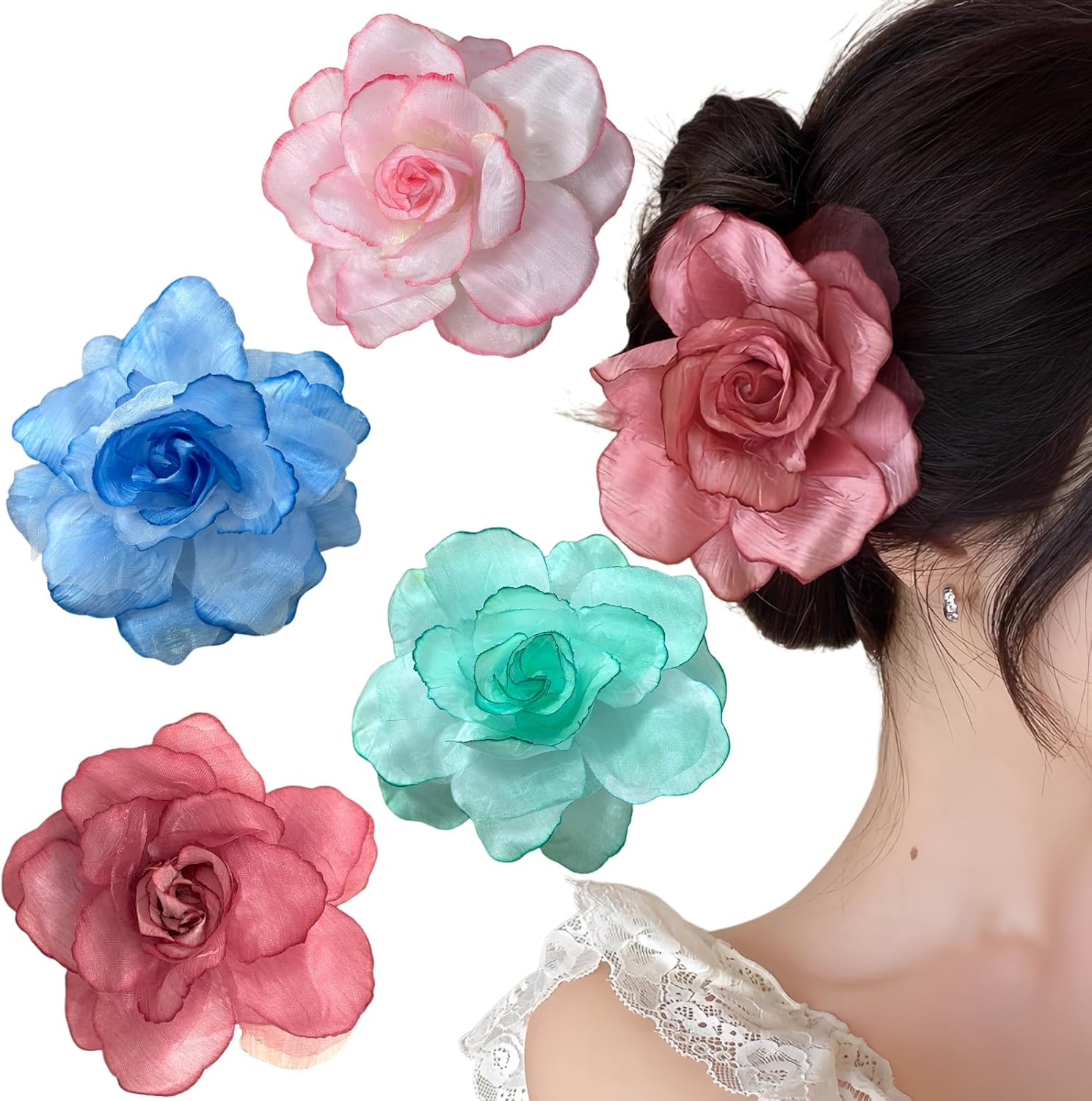 Ypkia Pack of 4 Boho Flower Hair Clips Girls Fabric Mesh Colourful Hair Clip Women'S Hair Accessories Party Wedding image number 4