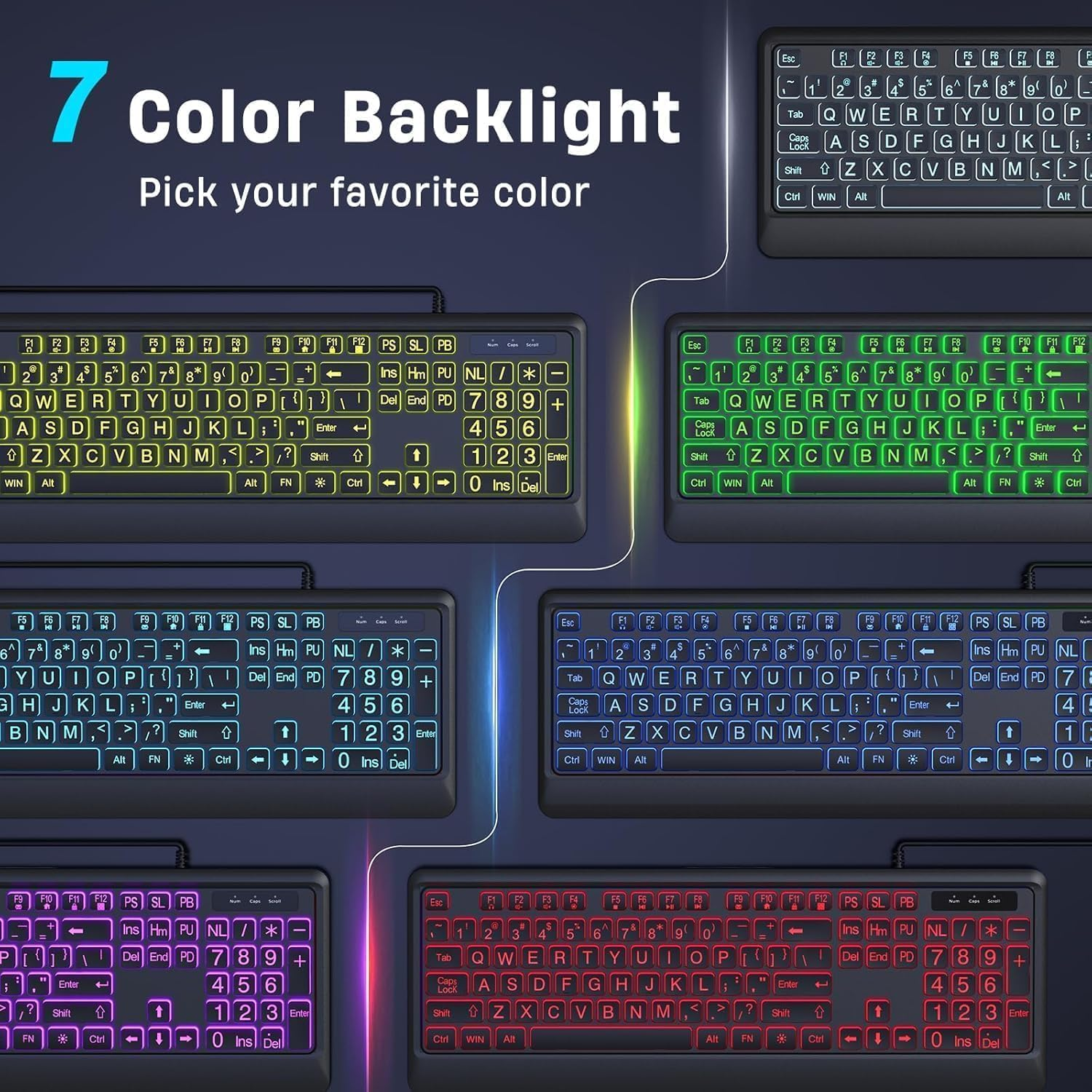 BERGUF Large Print Backlit Keyboard, Wired USB Lighted Computer Keyboards with 7-Color Backlit, Oversize Letters Keys Easy to See and Type, Quiet Keyboard Compatible for PC, Laptop (Large) image number 3