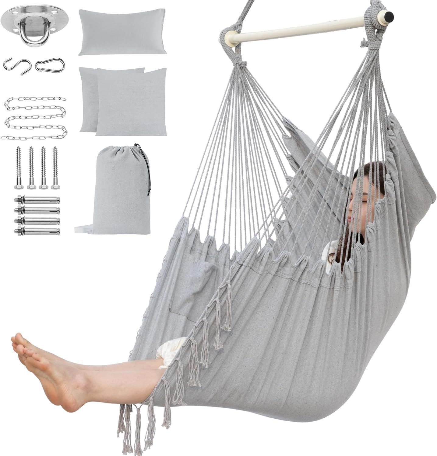 Hammock Chair Hanging Rope Swing Chair with 2 Seat Cushions & Installation Kit, Max 330 Lbs,Hammock Swing Hanging Chair for Bedroom outside Shanging Yard Patio Camping Garden (Light Grey) image number 1