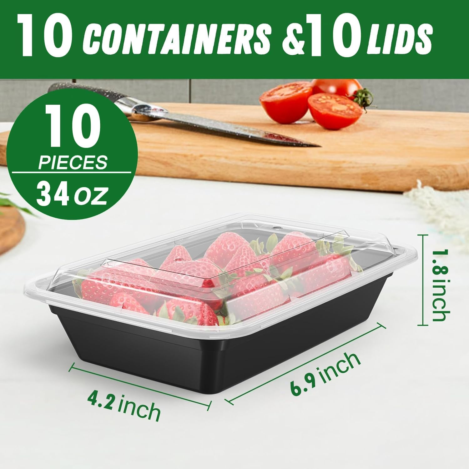 Meal Prep Containers (34 Oz) Reusable with Easy Open Lids, Microwave Freezer Dishwasher Safe, Sturdy Leakproof Food Safe, to Go Take Out Plastic Food Storage Pans with Lids, Black (10 Pcs) image number 5