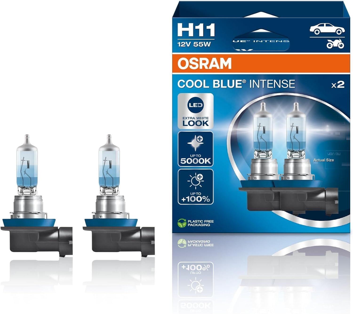 OSRAM Cool Blue&reg; Intense HIR2, +100% More Brightness, up to 5,000 K, Halogen Headlight Lamp, LED Look, Folding Box (1 Lamp)
