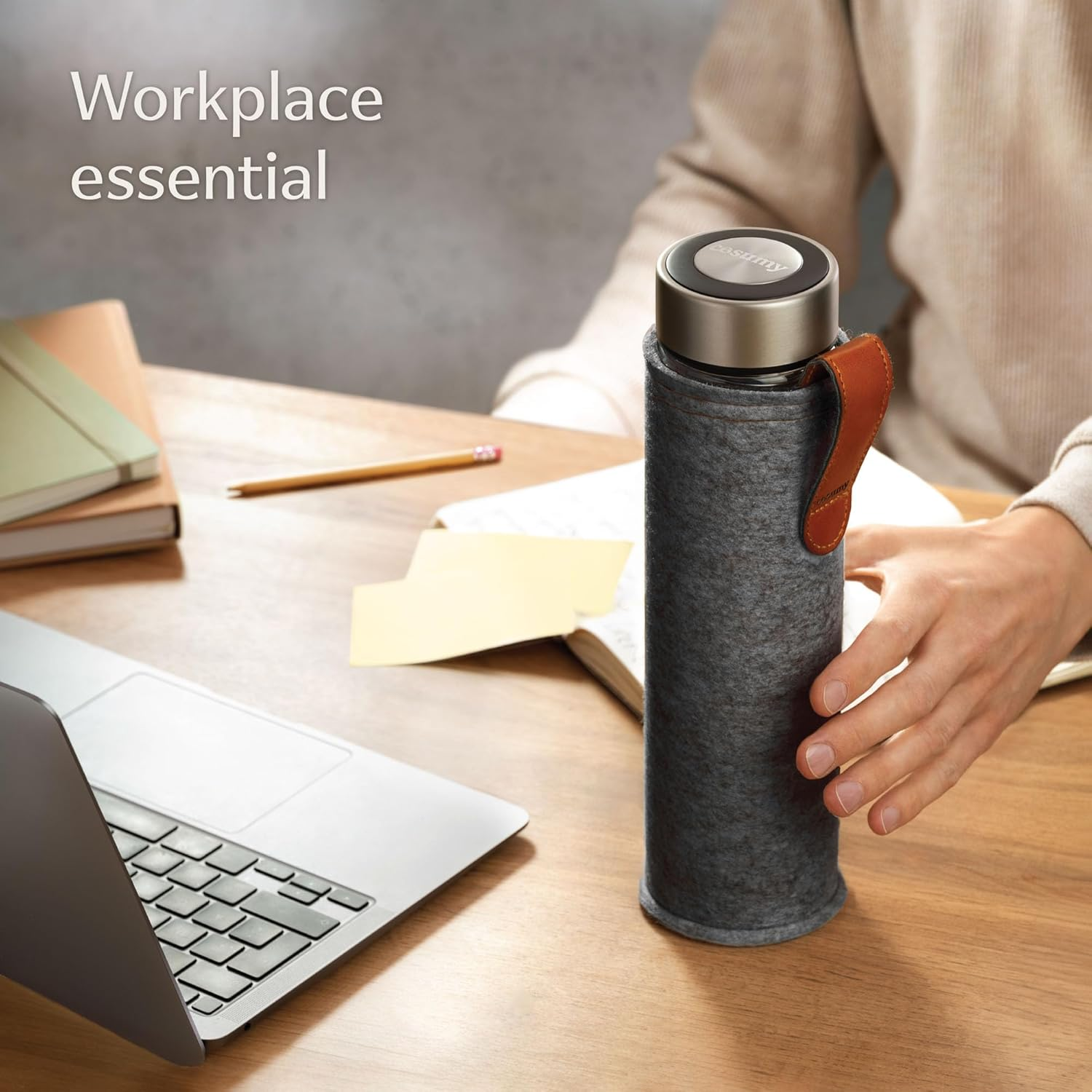 Cosumy Tea Bottle with Strainer to Go 500 Ml - Double-Walled Glass with Felt Bag - Heat Resistant - Leak-Proof - Dishwasher Safe - (Anthracite) - Charcoal image number 2