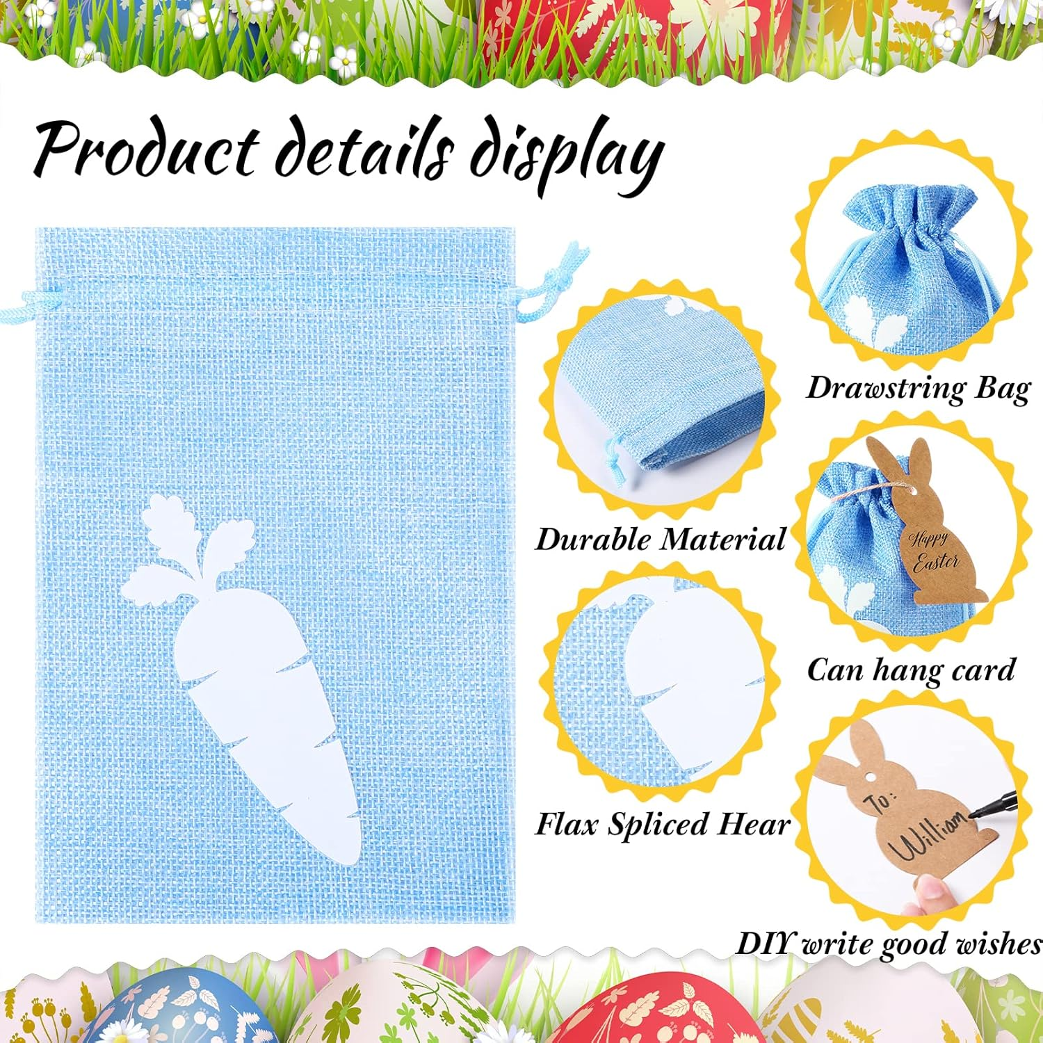 24 Pcs Easter Burlap Drawstring Bags Easter Burlap Bags with Drawstrings Bunny Linen Goody Gift Bags with Double Jute Drawstrings Easter Bags Burlap Easter Bunny Bags for Easter Party (Bright Style) - Cute Style image number 4