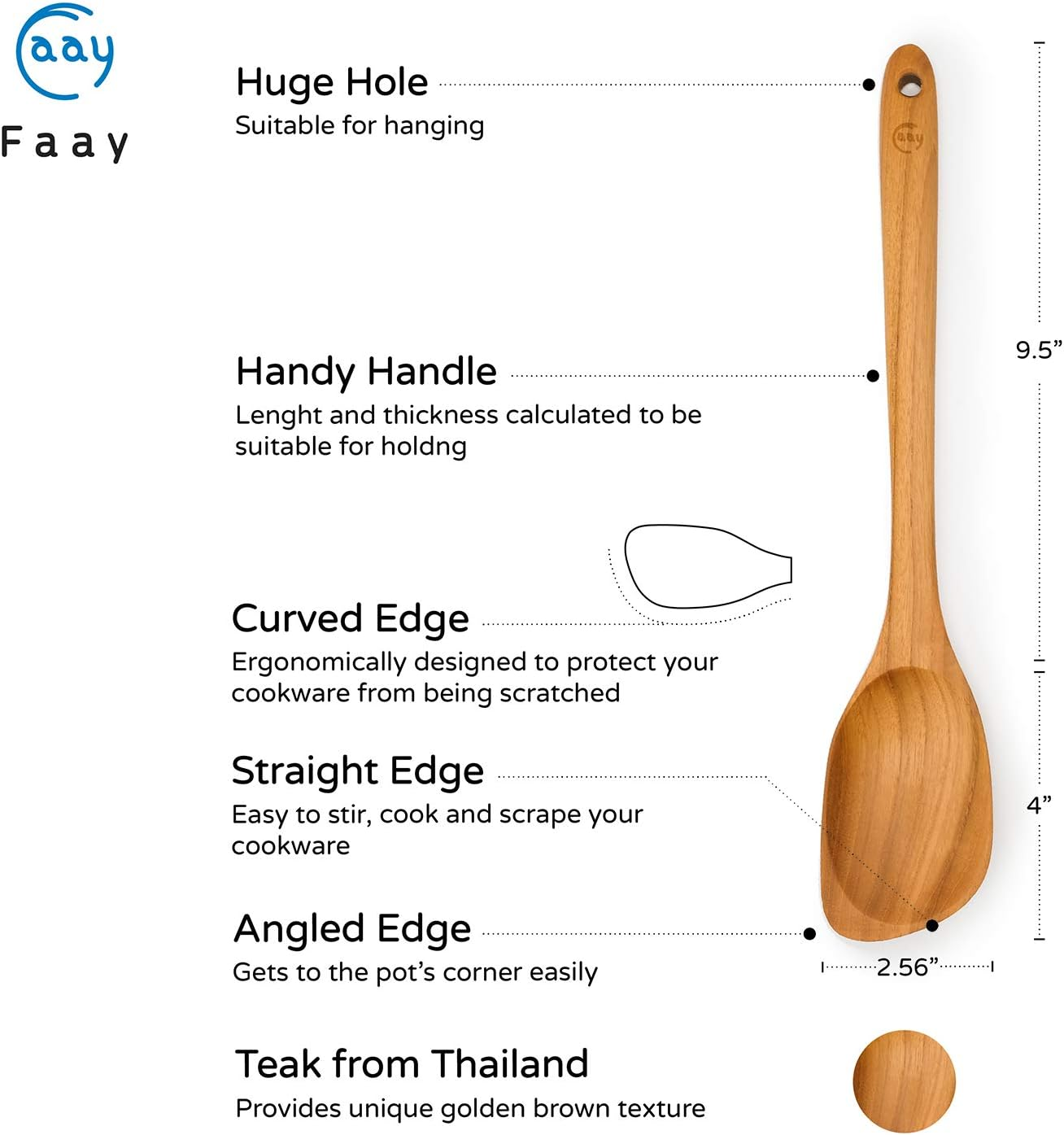 FAAY Teak Wooden Utensils, Healthy Spoon and Spatula Handcraft from High Moist-Resistance Teakwood for Non Stick Cookware (Corner Spoon - Right Hand) - Corner Spoon - Left Hand image number 5