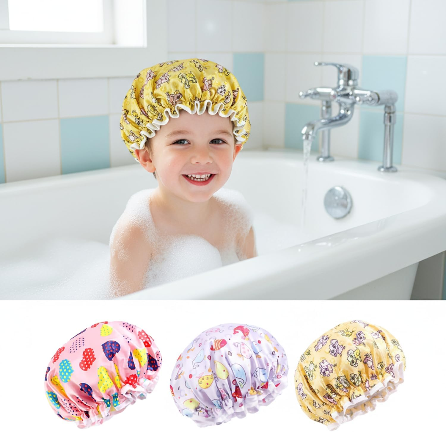 Large Double-Sided Waterproof Shower Cap for Children, 3-Piece Reusable Girls' Bathing and Hair Care Cap with Elastic Band, Spa Salon Bathing and Hair Care Cap - Mecus image number 2
