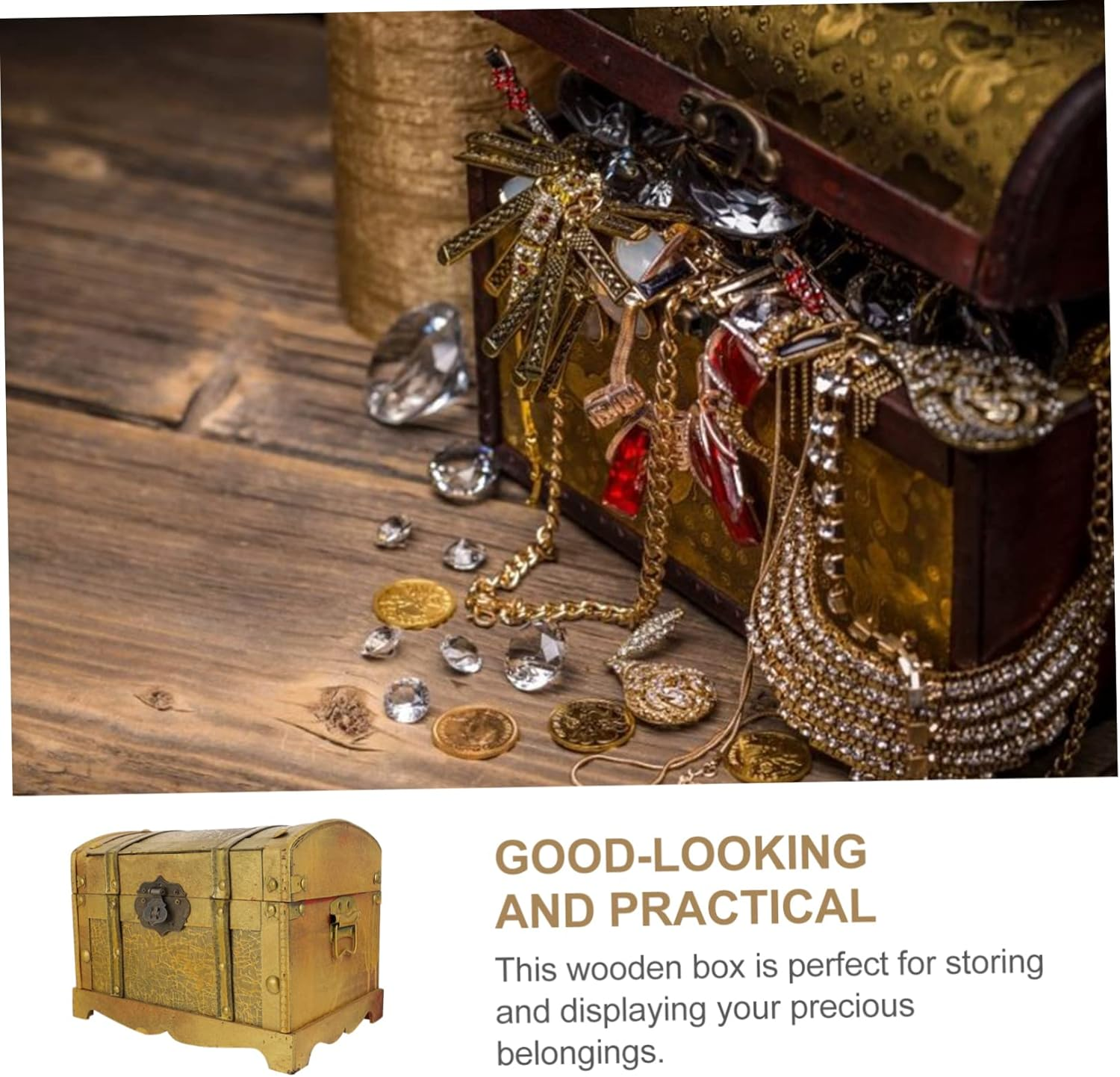 Vintage Pirate Treasure Chest Large Wooden Storage Box Lock Distressed Classic Design Decorative Jewelry Organizer for Home Decor image number 3