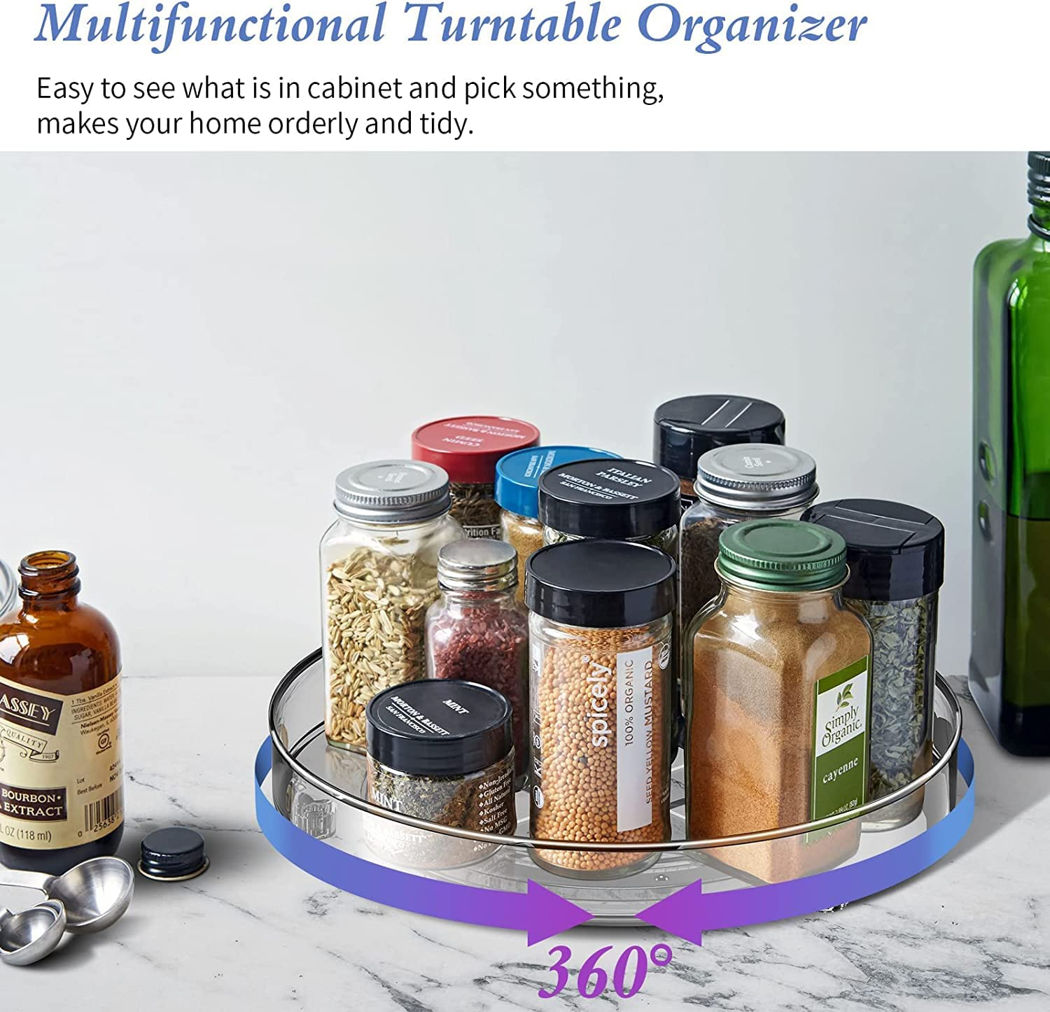 Nealie 2 Pack Lazy Susan Turntable Cupboard Organizer (27+23,5Cm), Rotatable Spice Rack Fridge, Clear Cupboard Condiment Spinning Tray, Multi-Functional Spice Rack for Kitchen Storage