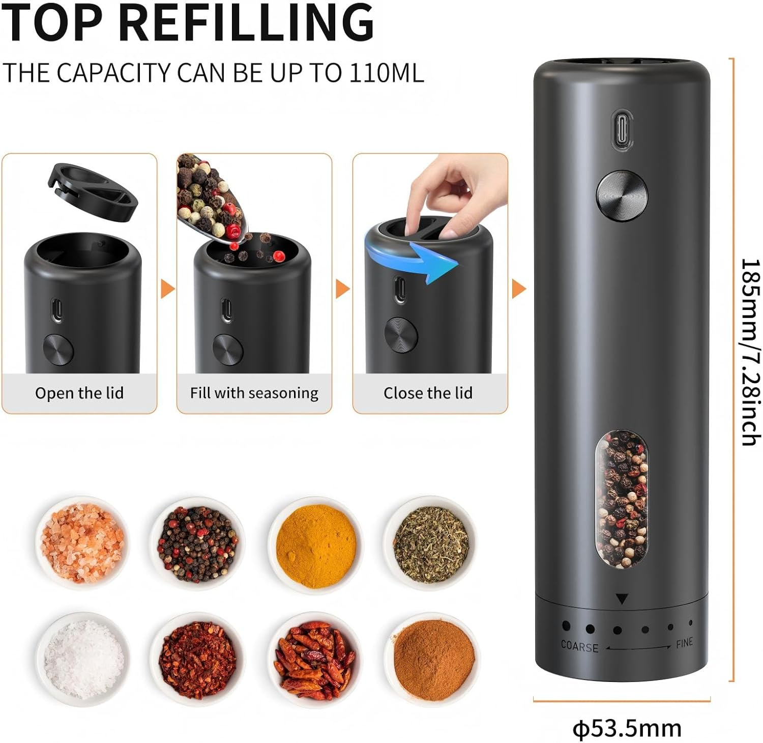 Electric Pepper Grinder Rechargeable, Auto-Grind with 110Ml Container, 6 Levels Adjustable Coarseness, White Led Light and One-Handed Operation, Great for Bbqs, Picnics & Kitchens (2-Pack)
