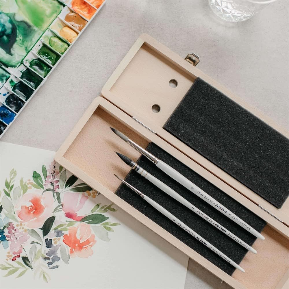 Brush Set in Wooden Box Woman Hell & Da Vinci, Loose Watercolour Florals - 3 Brushes, Green image number 1