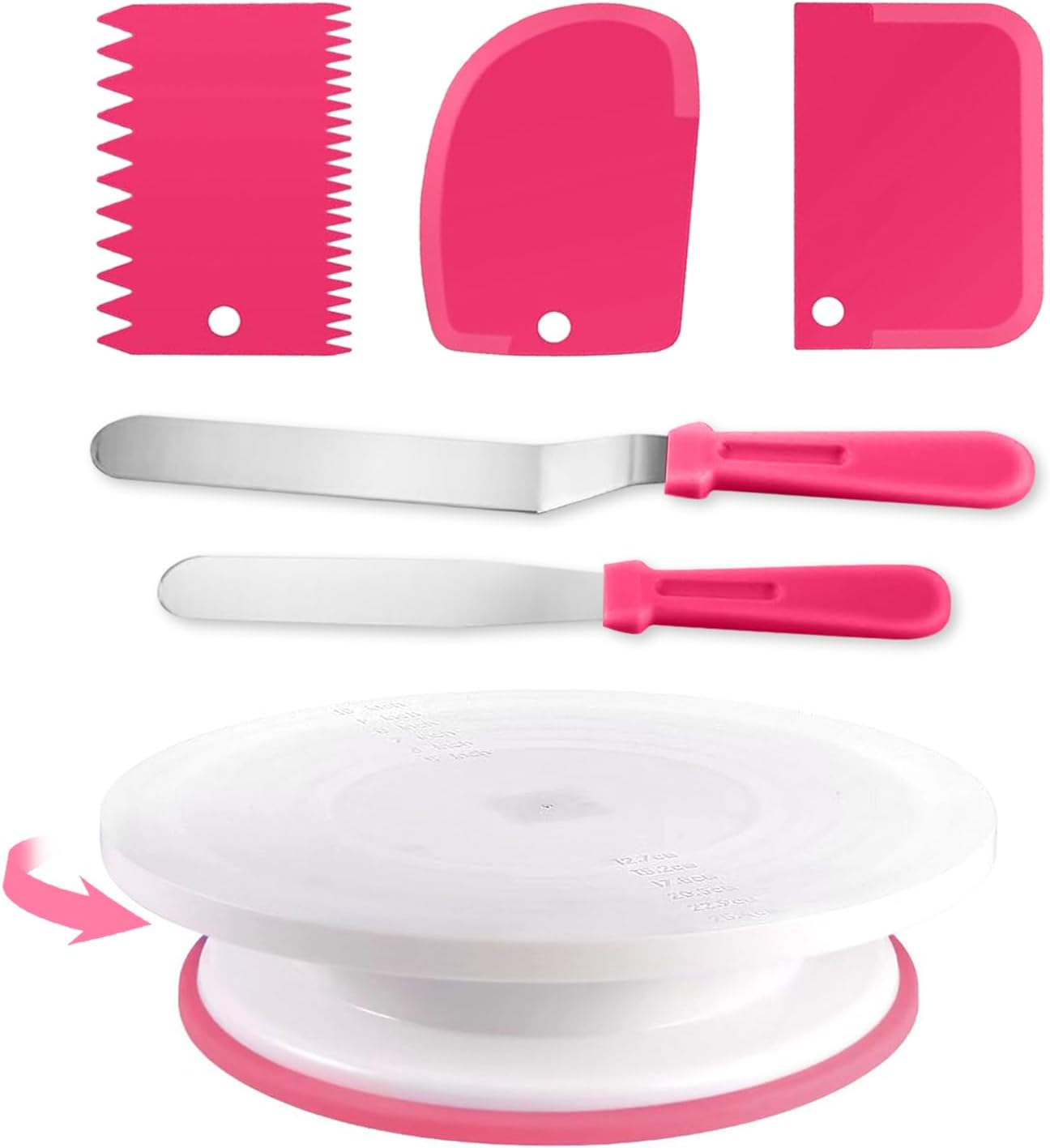 Cake Stand, 11 Inch Rotating Cake Turntable with 2 Icing Spatula and 3 Icing Smoother, Cake Decorating Supplies Kit for Beginners Set of 6 (Pink) image number 3