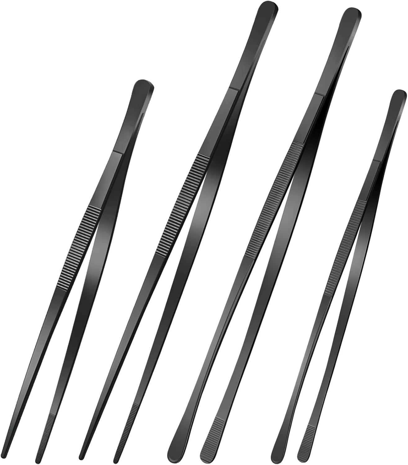 Flutesan 4 Pieces Black Kitchen Fine Tweezer Tongs 10 Inch 12 Inch Stainless Steel Tweezers Tongs with round Serrated Tips Culinary Fine Straight Tweezers Forceps for Cooking Repairing Feeding BBQ image number 3
