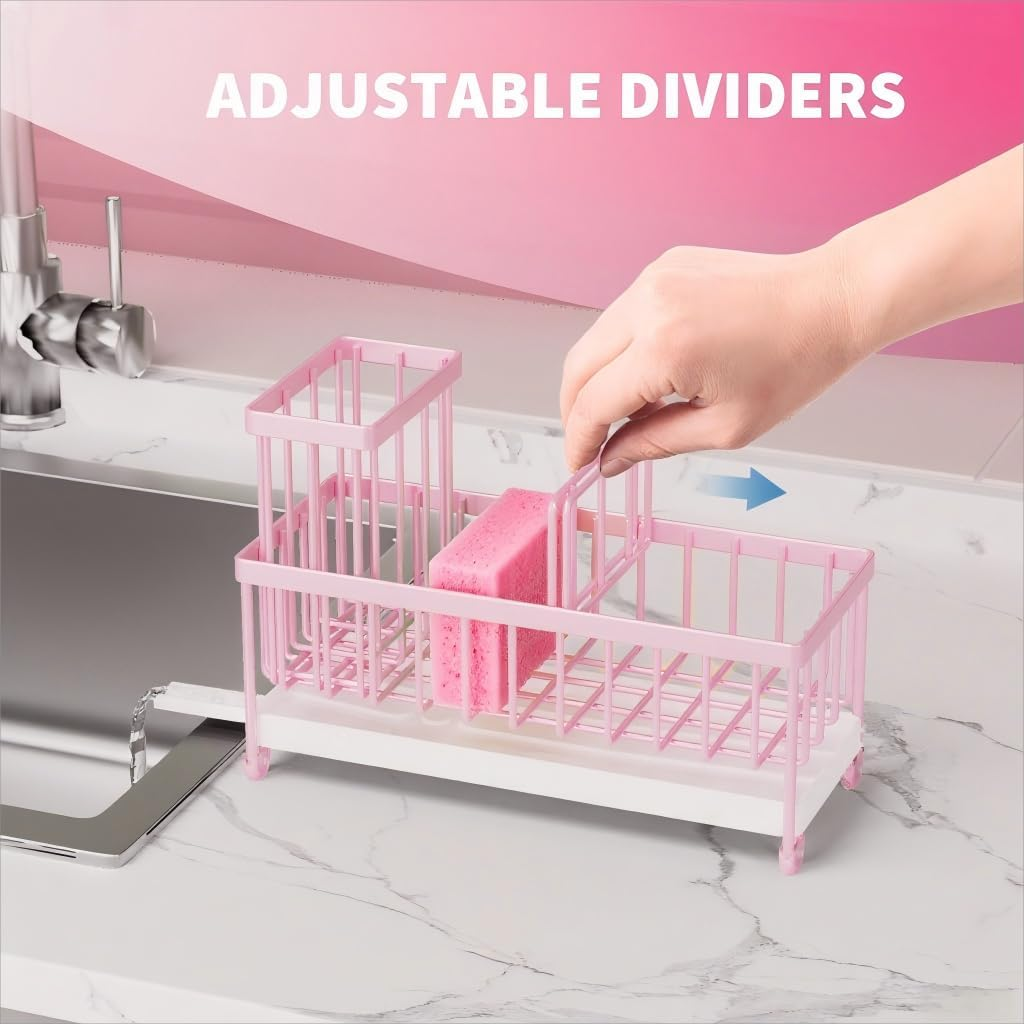 Cisily Pink Sponge Holder for Kitchen Sink, Sink Caddy Organizer with High Brush Holder, Countertop Organizers and Storage Essentials, Rustproof 304 Stainless Steel, Pink Kitchen Accessories and Decor image number 4