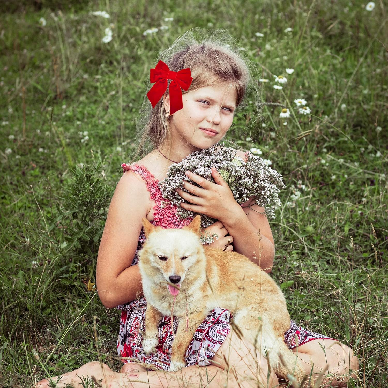 4 Pieces Large Bow Hair Clips Fabric Hair Bow Women Hair Clips Ponytail Holder Girls Bow Tie Hair Bows Clips Hair Bow Headband Velvet Bow Hair Clip Hair Band Red image number 4