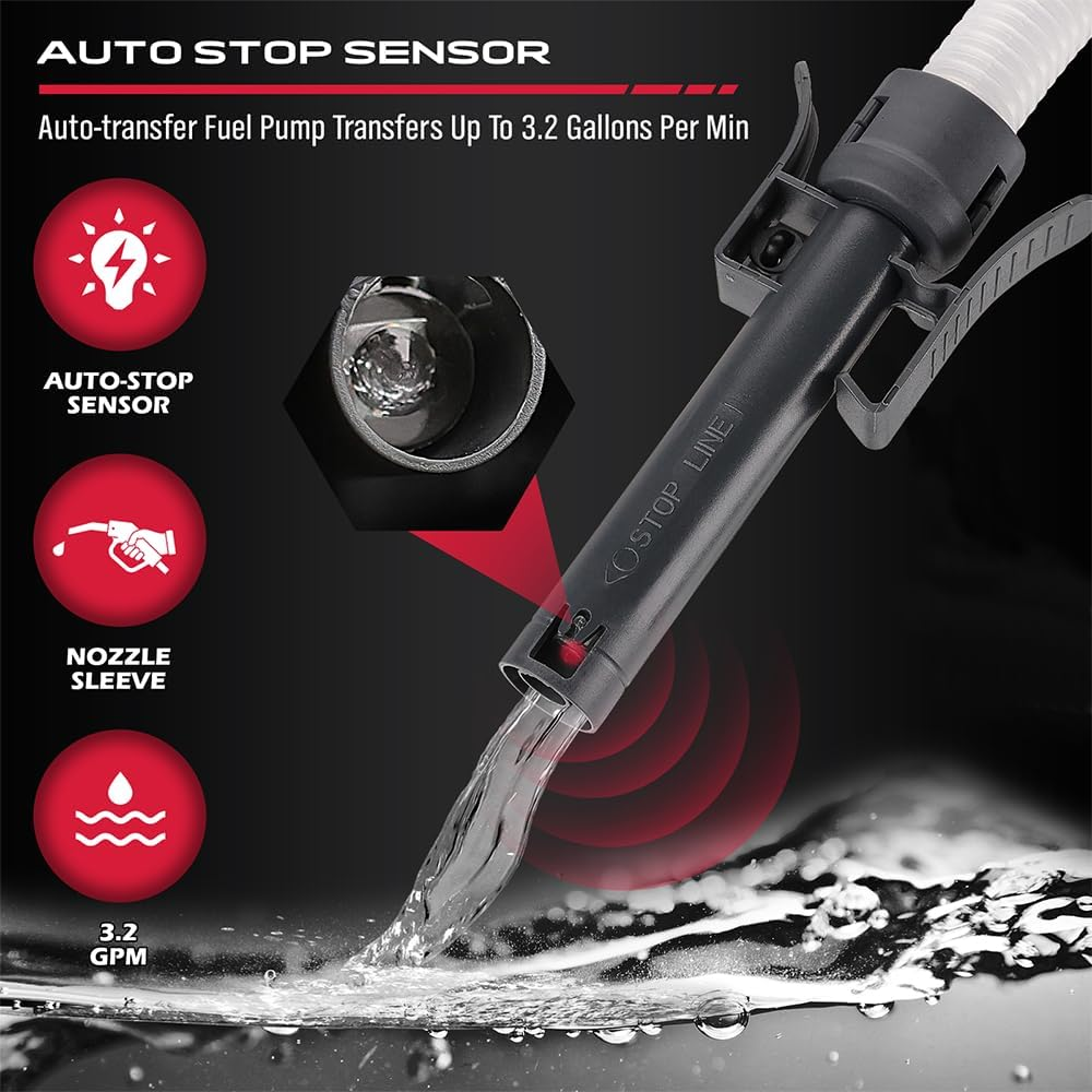 SEDY 4-Piece Automatic Liquid Transfer Pump, Portable Fuel Pump with Auto-Stop Sensor, 3.2 GPM, Strong Suction, Battery Operated, Includes 3 Gas Cap Adapters for Cars, Boats, Lawnmowers, Tractors