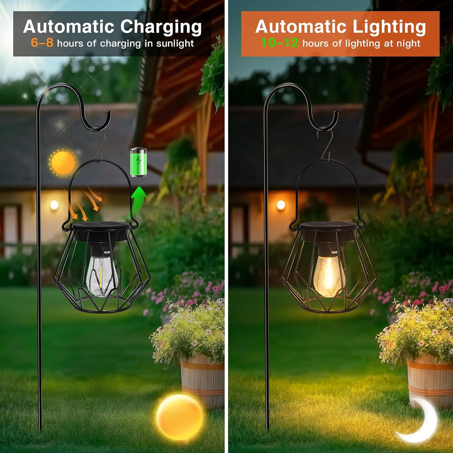 Ketom Pack of 2 Solar Lights for Outdoor Hanging, IP65 Waterproof Metal Solar Lantern for Outdoors, Retro LED Solar Lanterns for Outdoor Use for Garden, Patio, Path, Camping, Lawn, Black, V-Shaped image number 4