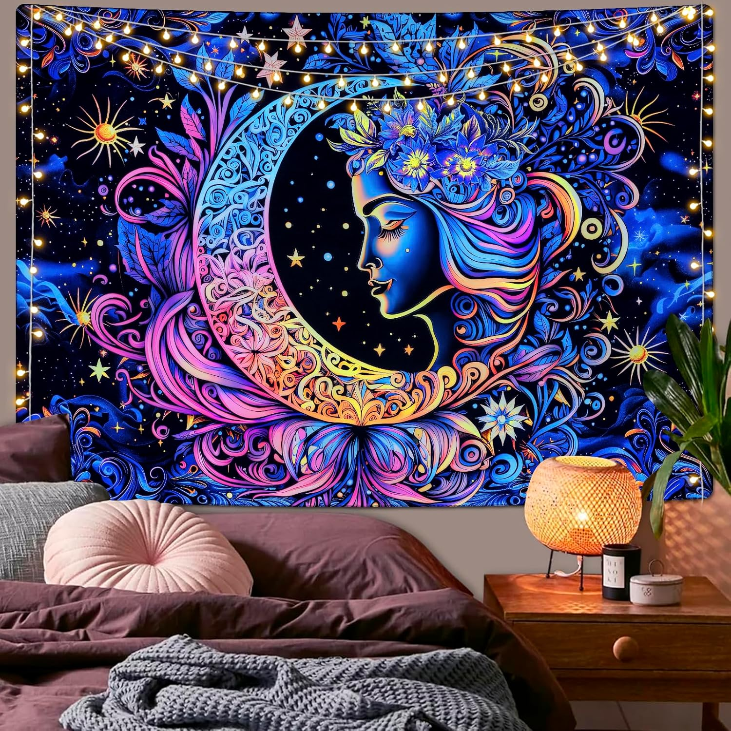 Blacklight Tapestry UV Reactive Moon and Star Mandala Boho Wall Hanging for Bedroom (59.1 X 59.1 Inches)