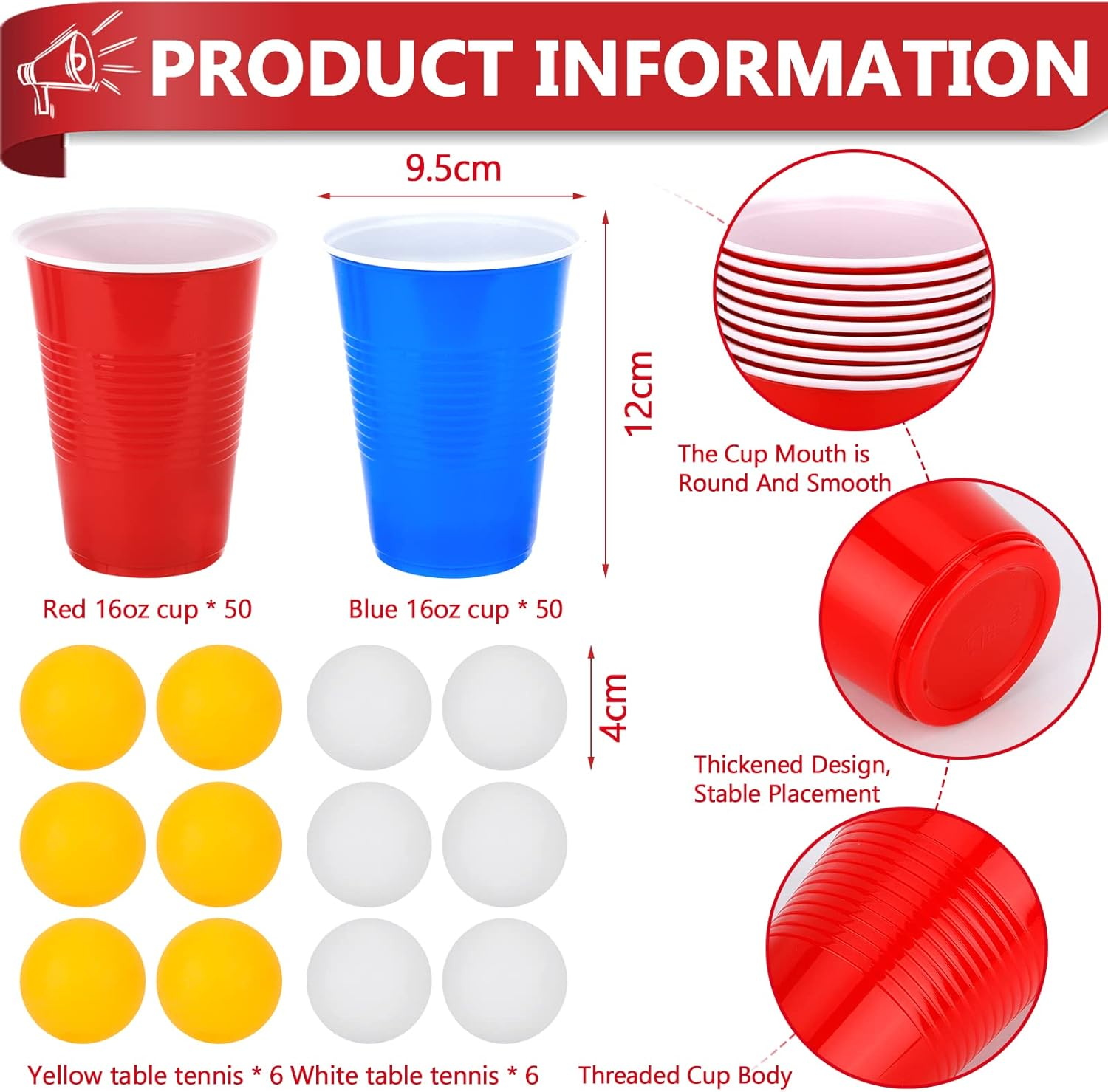 Frasheng Beerpong Party Cups, 100 Cups 12 Balls, Beer Pong Cups, Plastic Cups Red and Blue 16 Oz, Reusable Party Cups, Beer Pong Cups Set, for Christmas, Birthday, Wedding, Festivals image number 6