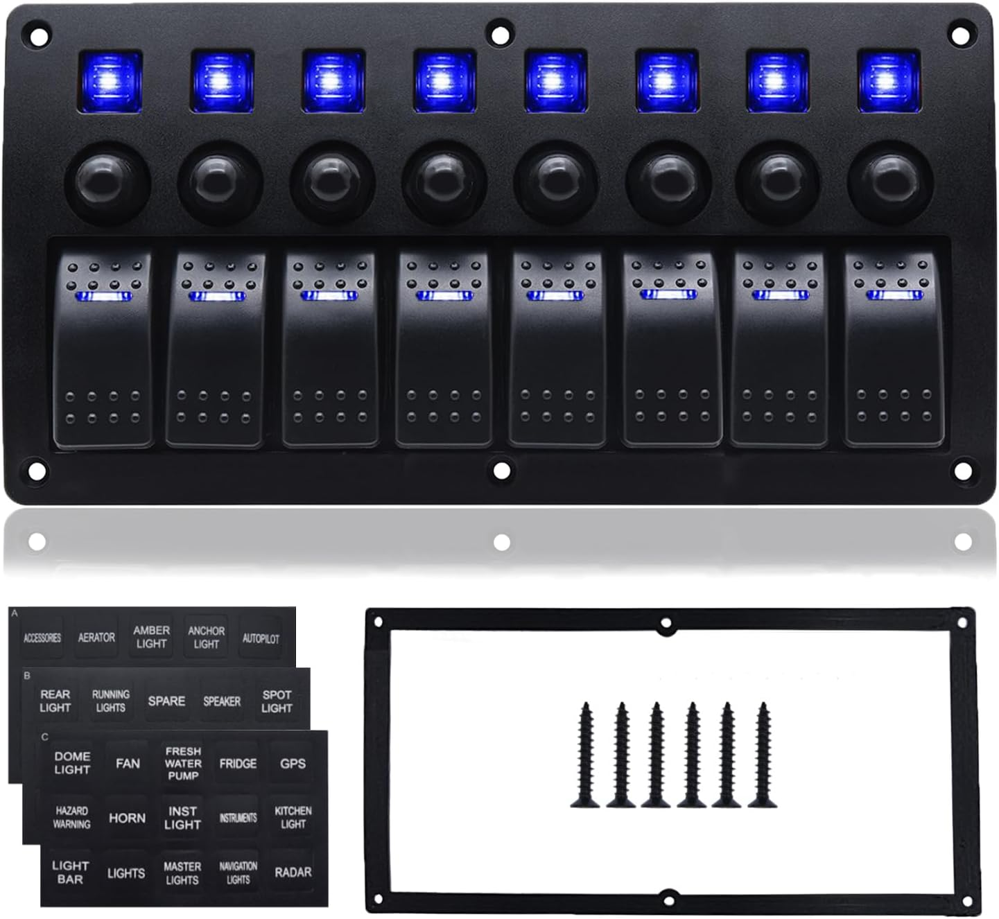 Waterproof Marine Boat Rocker Switch Panel 8Gang Blue Led Toggle Switch On-Off 3 Pin Circuit Breaker for RV Vehicle Truck Trailer Yacht ATV (8 Gang Blue) image number 1