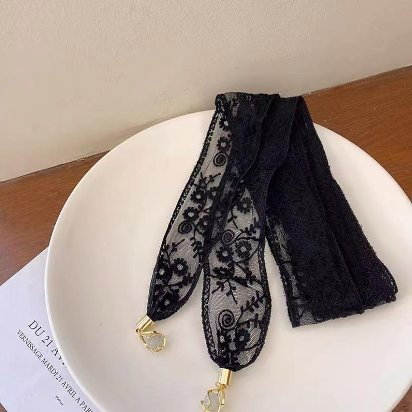 FUNNTY Head Scarf for Women Lace Hair Bandana Headband 80S Long Hair Ribbon for Neck Purse Scarf Lace Embroidery Hair Ties for Braid Vintage Hair Ribbons for Ponytail, Black image number 6