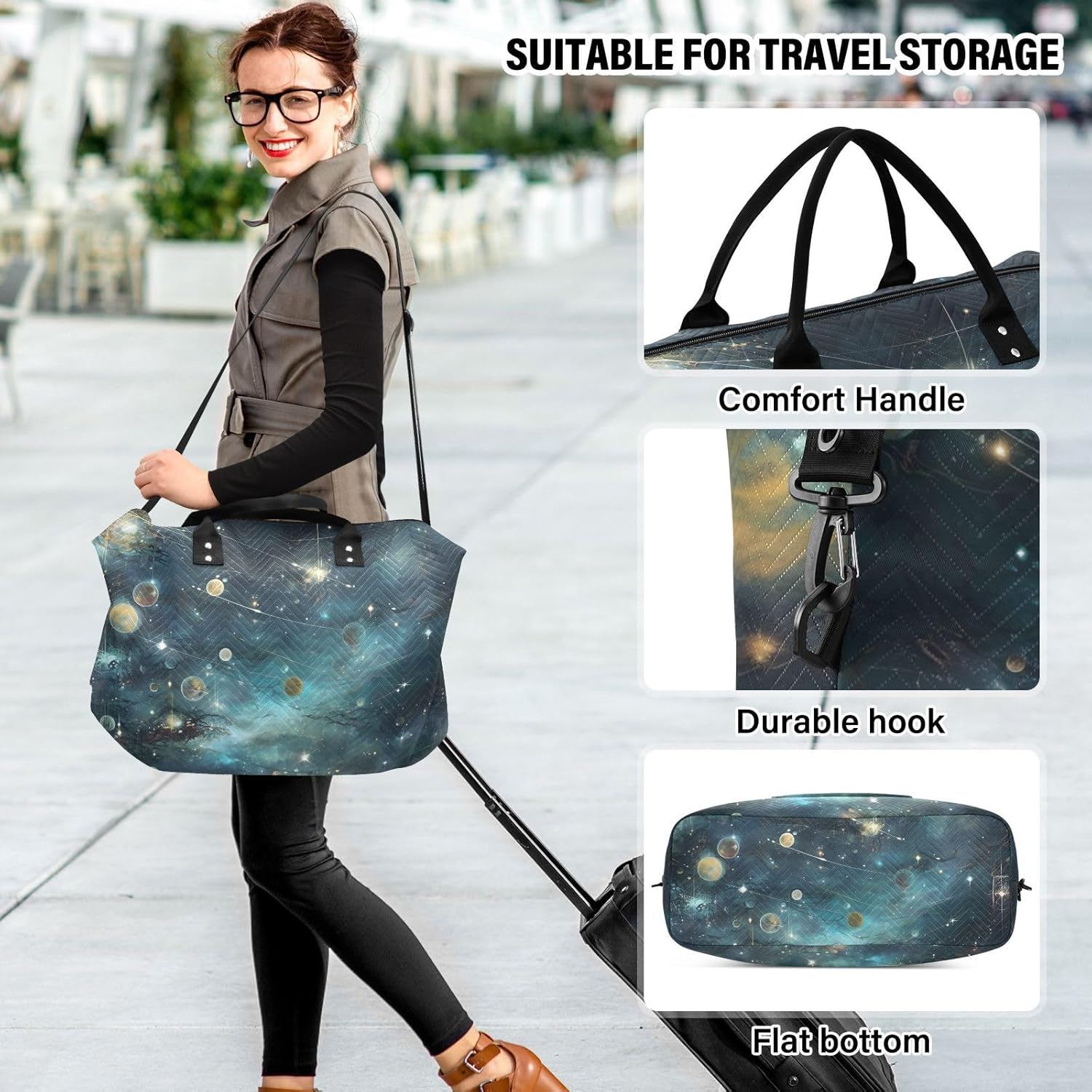 XYMZR Large Travel Duffel Bag, Space Galaxy Planet Sports Tote Gym Bag, Shoulder Weekender Overnight Bag for Women Men, Carry on Luggage with Toiletry Bags, Multi-Colored, Multi-Colored image number 4