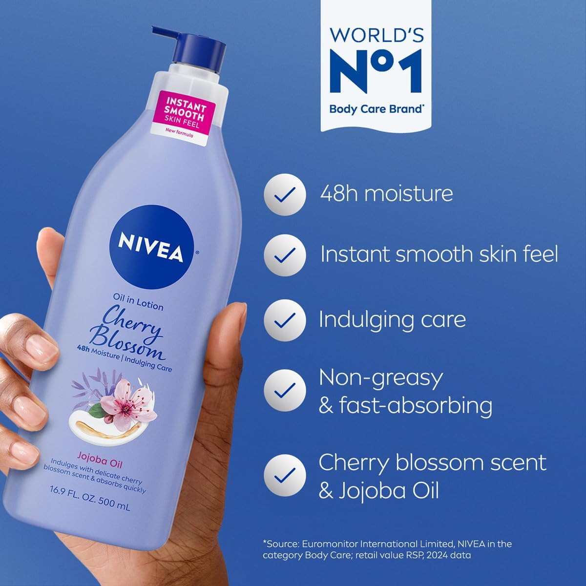 NIVEA Oil Infused Cherry Blossom and Jojoba Oil Body Lotion for Women, Fast-Absorbing and Non-Greasy Cherry Blossom Scented Lotion Moisturizes for 48 Hours, 16.9 Fl Oz Pump Bottle image number 2