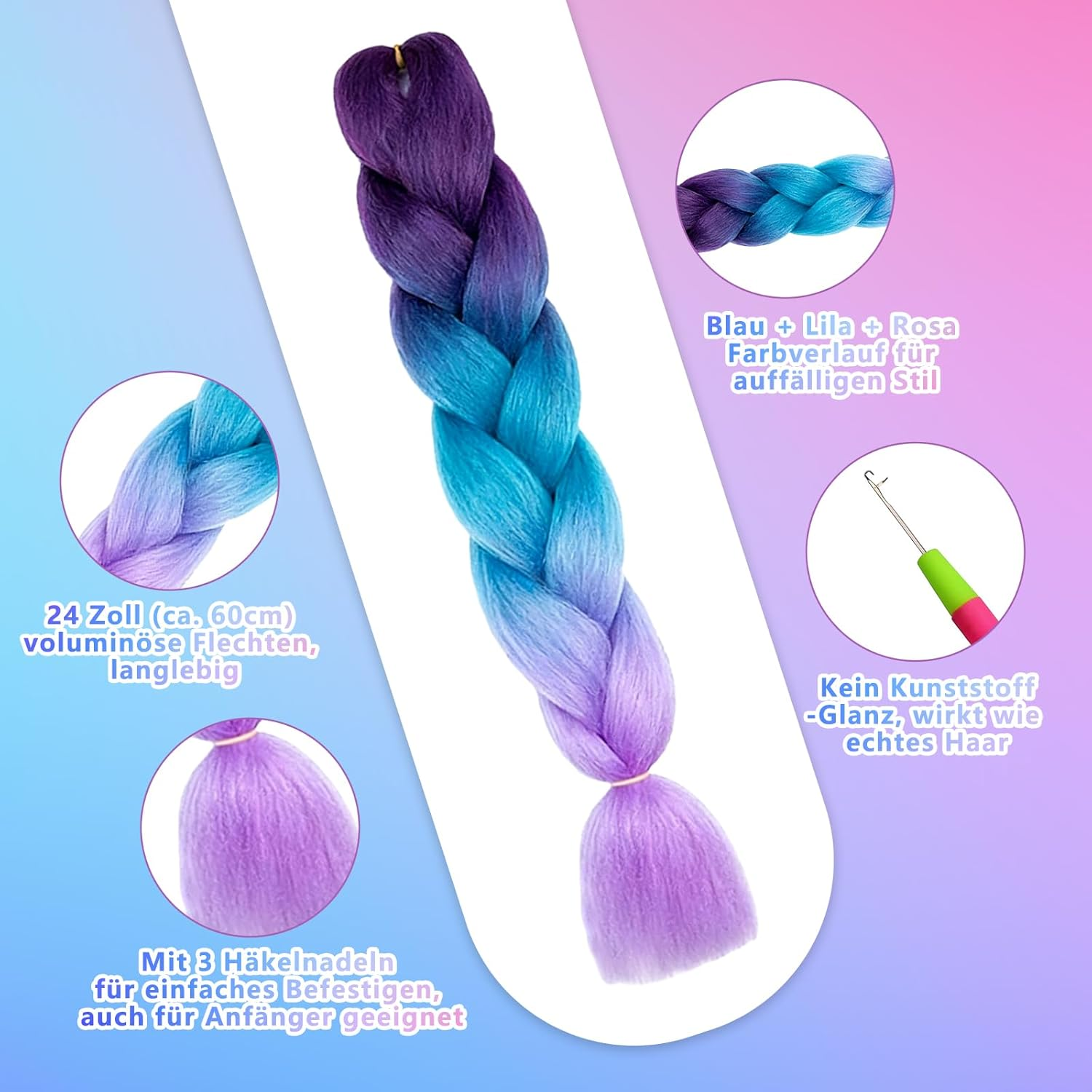 Raheem Pack of 3 Jumbo Braids Hair 24 Inch Braided Hair Extensions Colour Gradient 3 Colours Jumbo Braided Hair Extensions with 3 Crochet Hooks, Fashionable Synthetic Hair for Braiding Hair image number 3