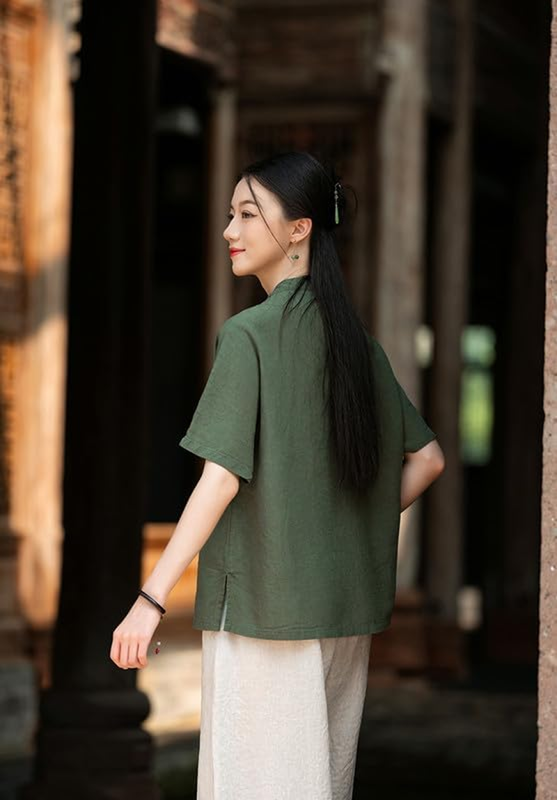 Women'S Chinese Linen Top Tang Style Half Sleeve Shirt Frog Button Blouse image number 4