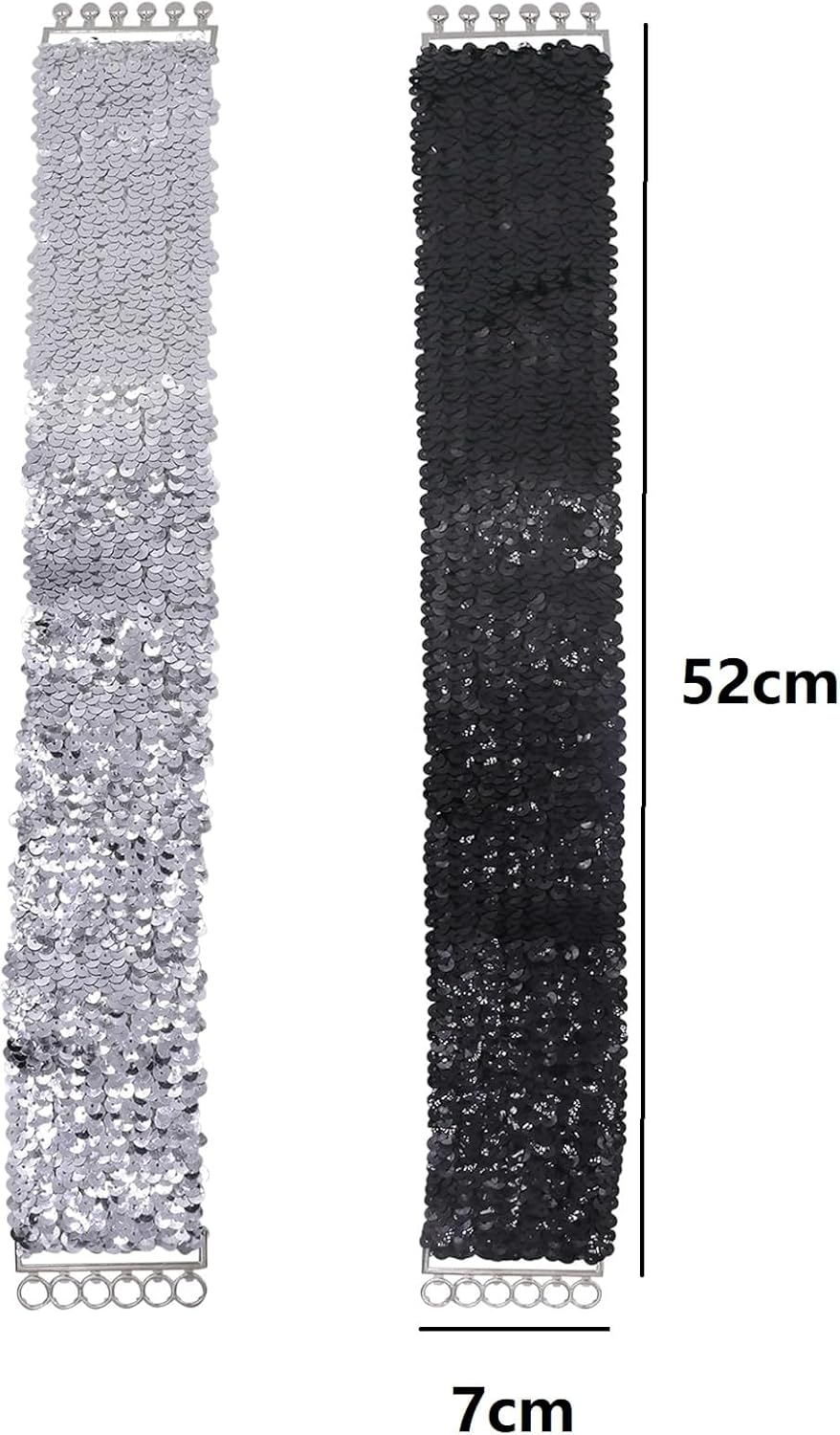 2PCS Women Girls Sparkly Glitter Sequin Stretchy Elastic Waist Belt Wide Dress Belt Corset Cinch Belt image number 3