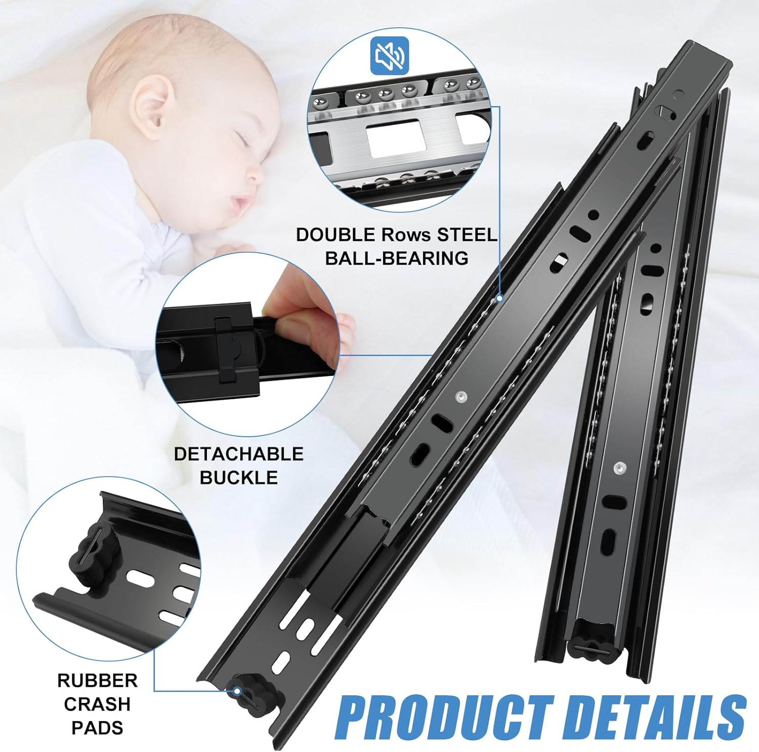 Drawer Runners, 10 Inch 4 Pairs (8 Pack) Full Extension Ball Bearing Drawer Runners, Side Mount, 3-Fold Metal Dresser Runners for Filing Cabinet, Trash Can, Kitchen, Wardrobe, 25.4 image number 6