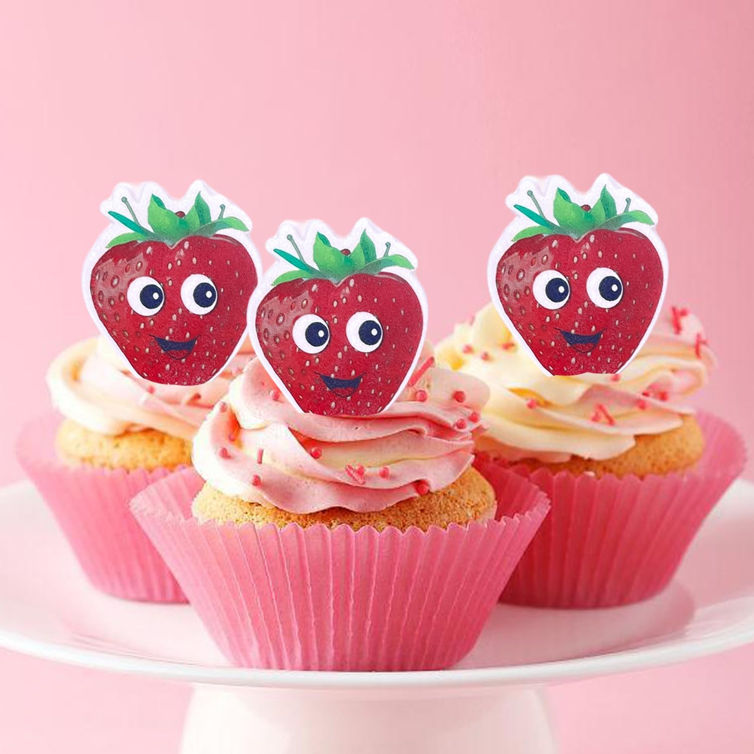 Cartoon Fruit Smiley Cupcake Decoration Card, Edible Wafer Paper Creative Baby Full Moon Bath Birthday Series Theme Party Dress up Plug-In (Strawberry 50Pcs) image number 3