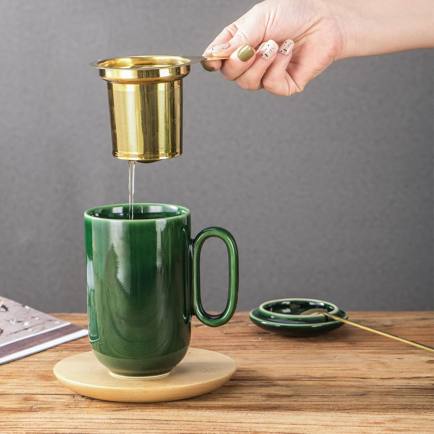 Vicrays Ceramic Tea Cup Mug Infuser Large 16 Oz Hot Loose Steeping Handle Teacup with Leaf Infuser Spoon Lid - Blue Tall Glazed Strainer Coffee Mug Microwave Safe - Green image number 5