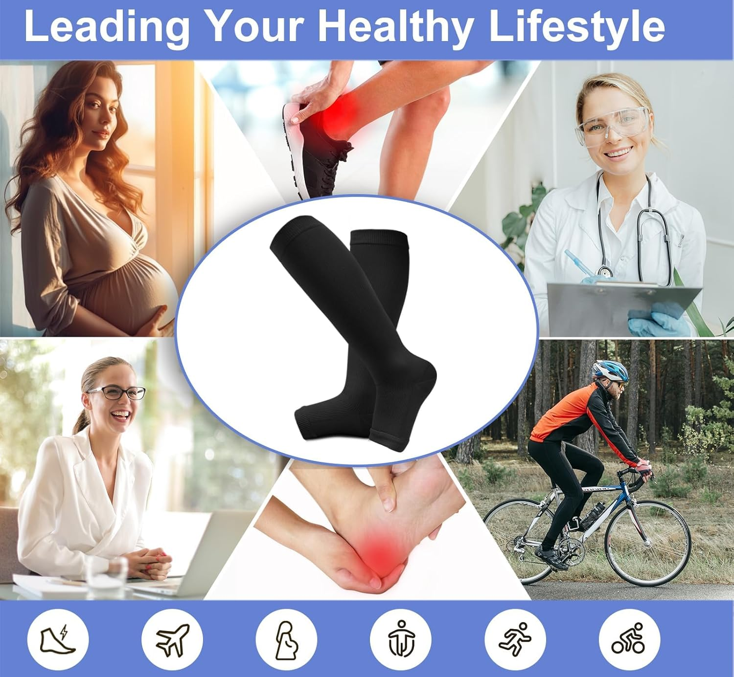 3 Pairs Open Toe Compression Socks 20-30Mmhg Knee High Medical Compression Socks for Women Men Travel Flight Nurse Support-Sztty image number 2