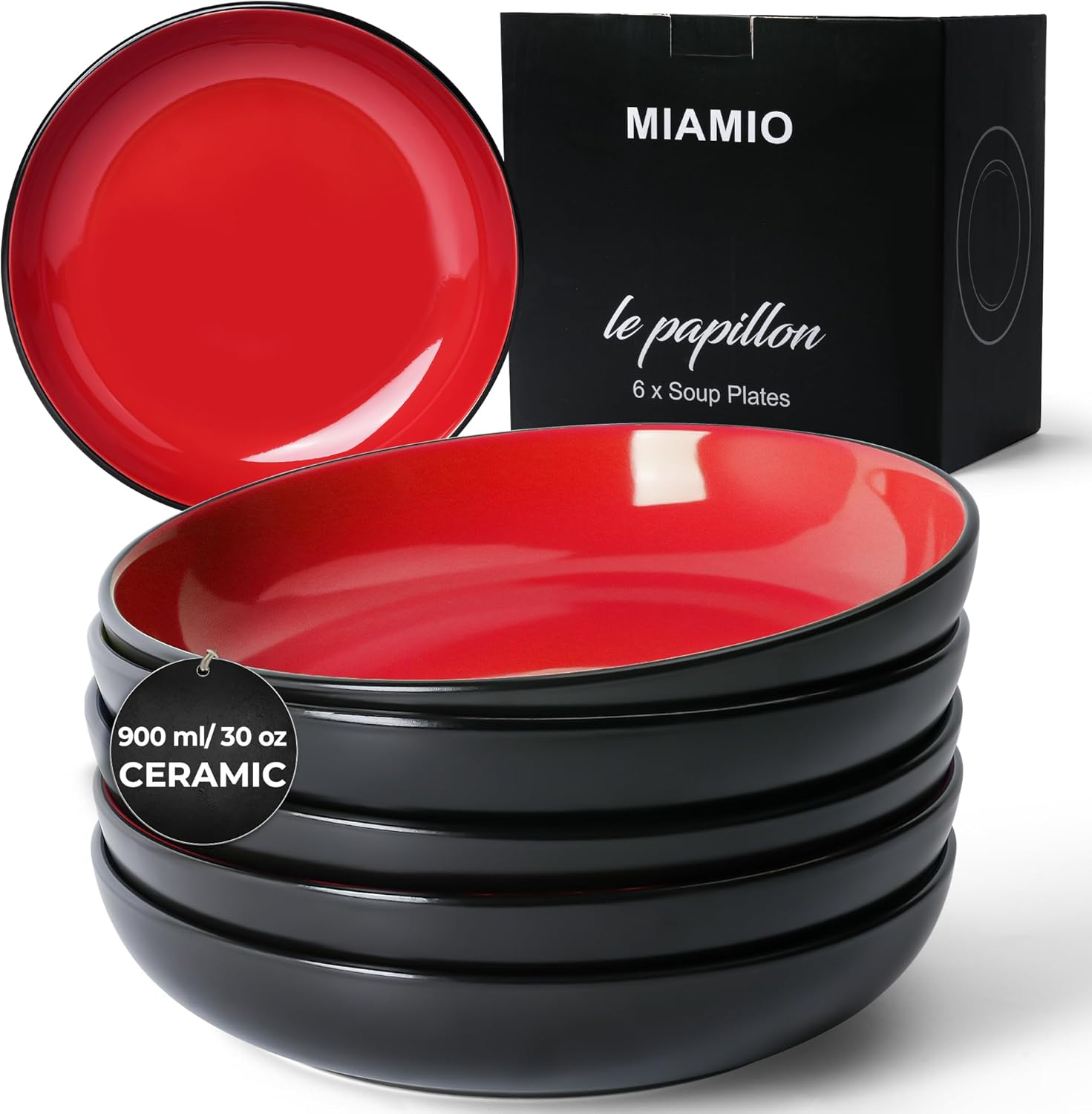 MIAMIO &ndash; 890 Ml Set of 6 Pasta Bowls/Salad Bowls, Pasta Plates Wide and Shallow Bowl, Large Ceramic Stoneware Deep Plate Serving Soup, Microwave and Dishwasher Safe - Le Papillon Collection (Black) - Black image number 4