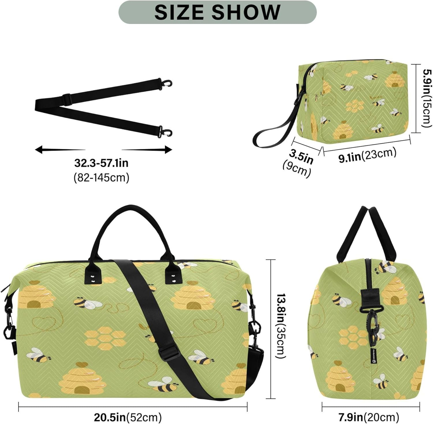 Travel Hand Bag Gym Bag Weekender Duffel Bag with Adjustable Strap for Trip Foldable Bee Happy Good Luck Sweet Honey Pattern Hive, Multi, 1 Size, Modern/Fitted, Multi, 1 Size, Modern/Fitted image number 6