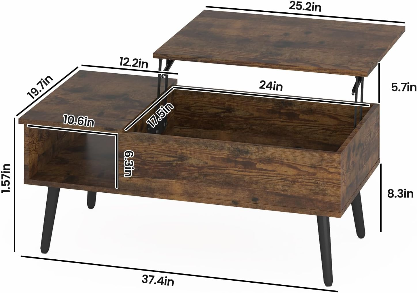 Ufurniture Lift Top Coffee Table with Hidden Storage, Gas Lift Tabletop Dining Table with Storage Shelf for Home Living Room, Office, Walnut - Black image number 5