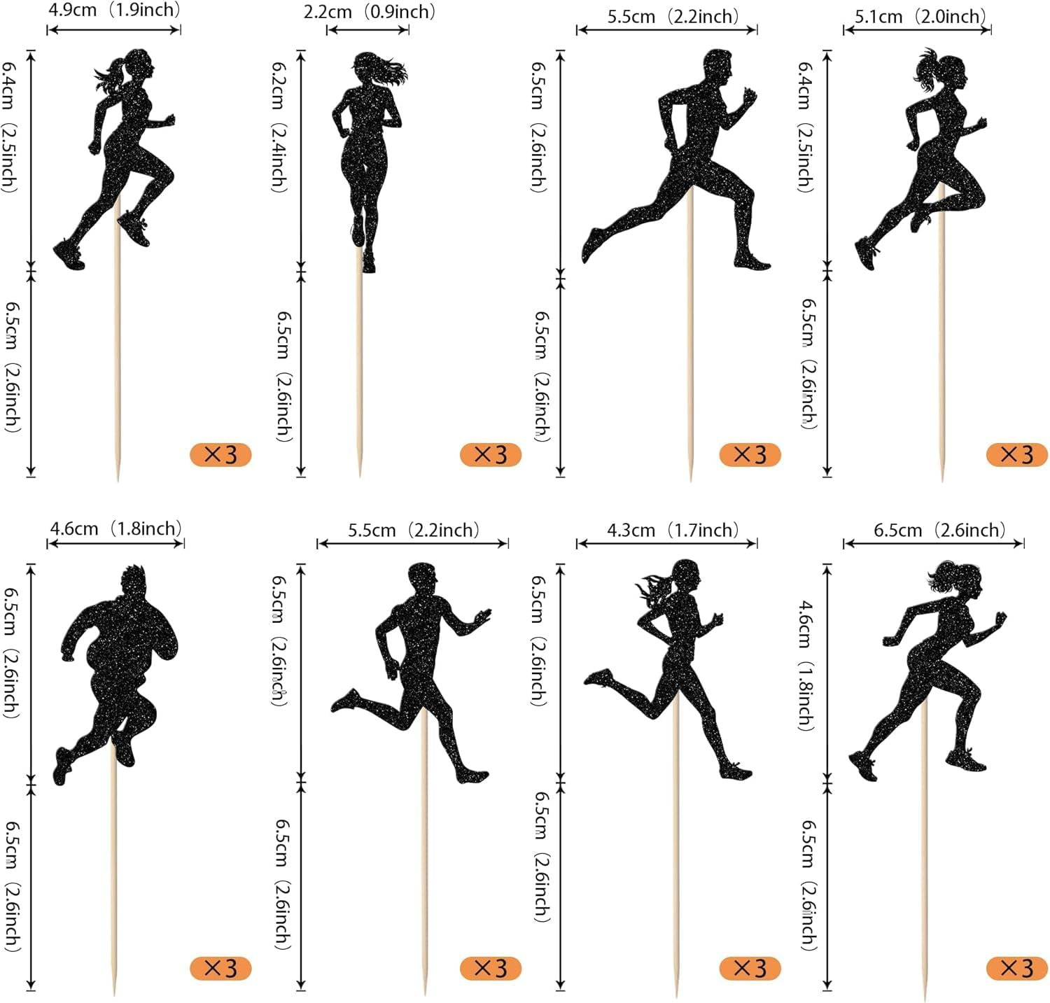 SYKYCTCY 24 Pack Running Cupcake Toppers Black Glitter Sports Fitness Cupcake Picks for Running Theme Boys Girl Kids Birthday Party Cupcake Decorations Supplies image number 4