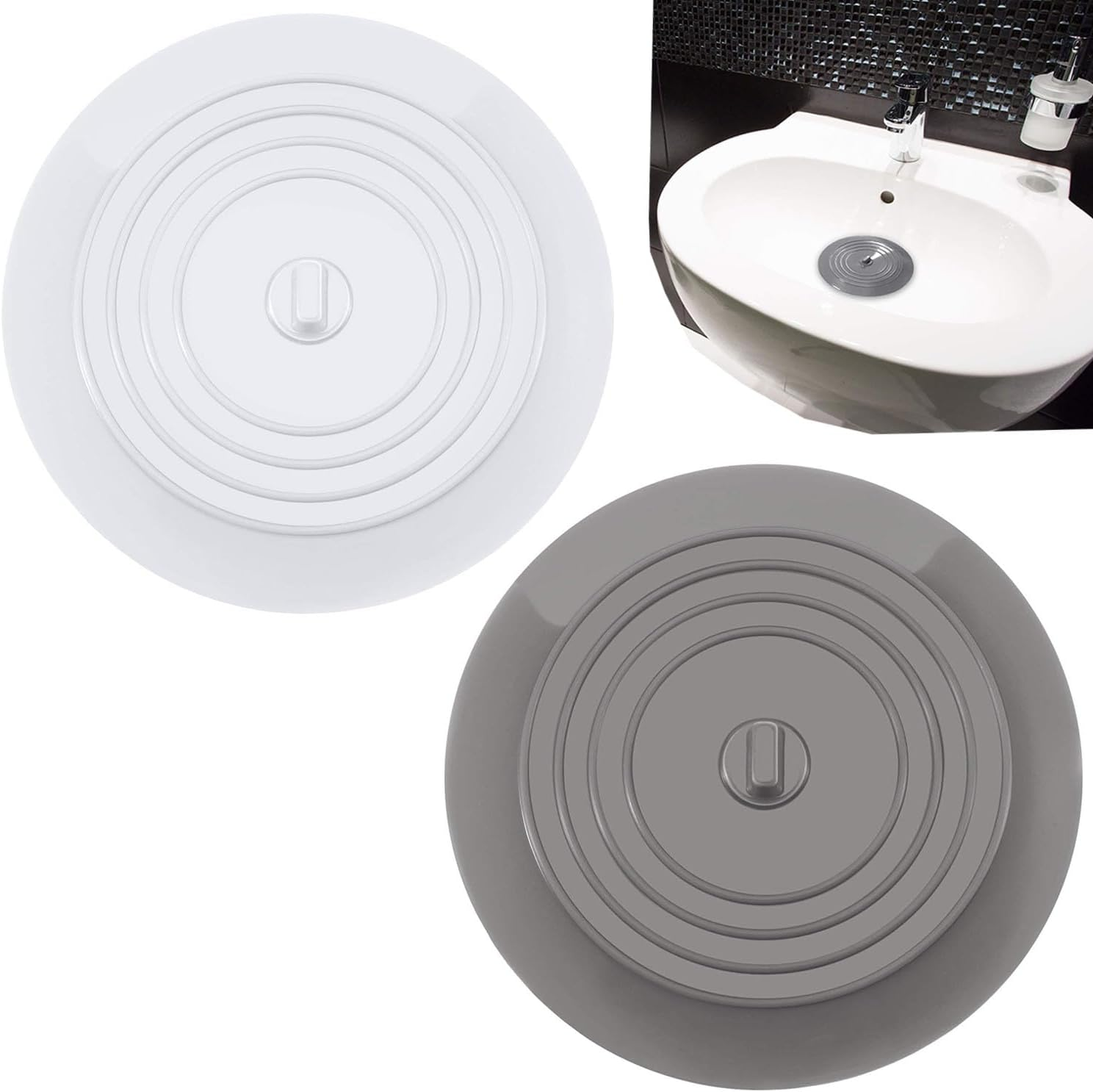 Paifeancodill Silicone Tub Stopper, 2 Pcs Sink Plug, 6" Drain Plug Hair Stopper Flat Suction Cover, Bathtub Drain Stopper, Sealing Sink Cover, Bath Plug for Kitchen Bathroom (White+Gray)