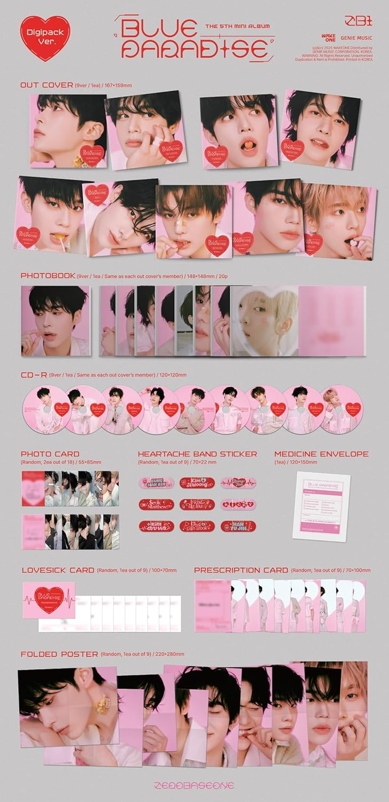 ZEROBASEONE BLUE PARADISE 5Th Mini Album Digipack Random Version Cd+20P Photobook+1P Photocard+1Ea Band Sticker+1P Lovesick Card+1P  Card+1P Folded Poster on Pack+Tracking Sealed ZB1