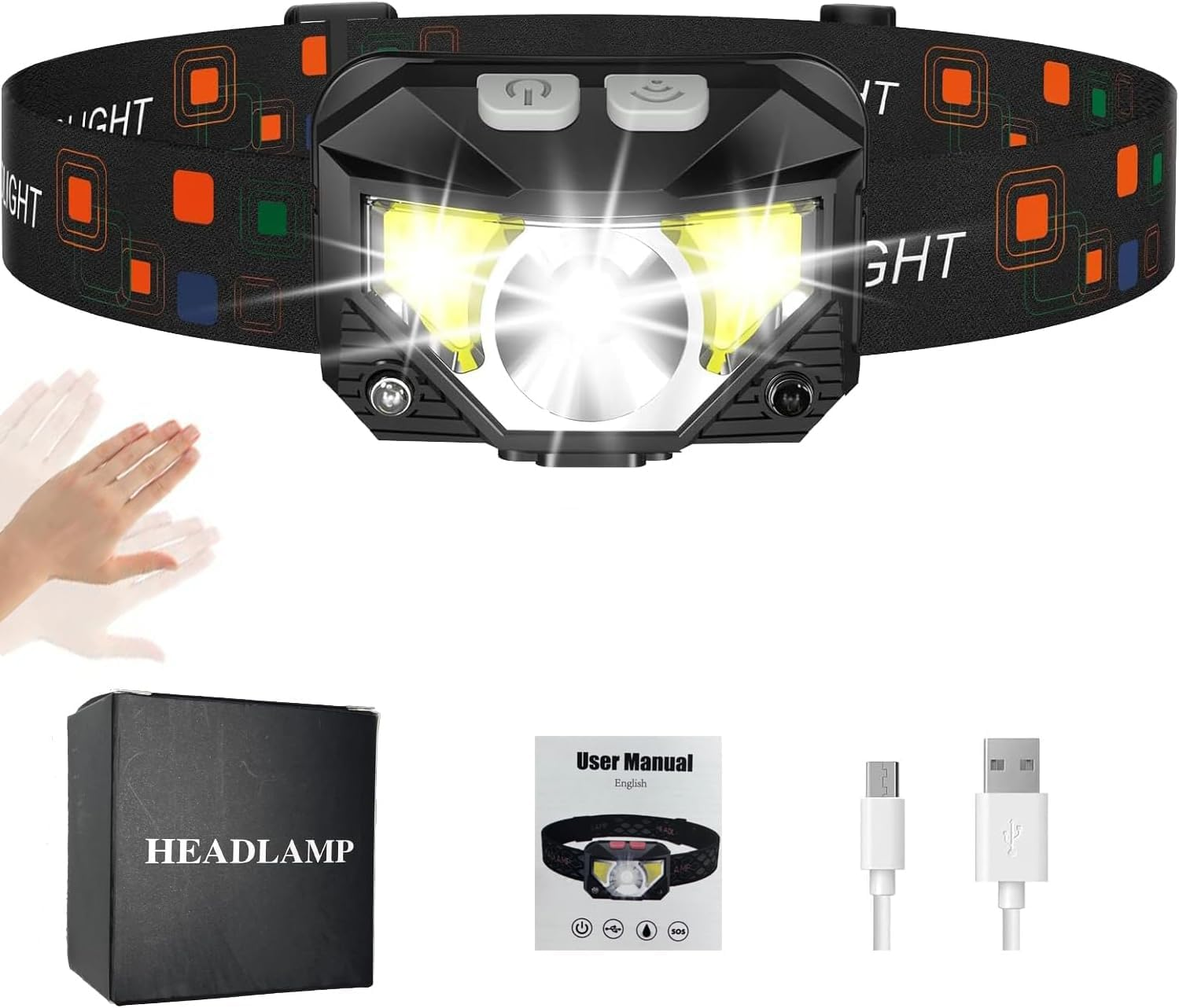 LED Sensor Headlamp Flashlight, 800 Lumen Camping Light LED Rechargeable Headlight Head Torch with White Red Light, Waterproof Motion Sensor Head Lamp,8 Mode for Outdoor Running Cycling Fishing