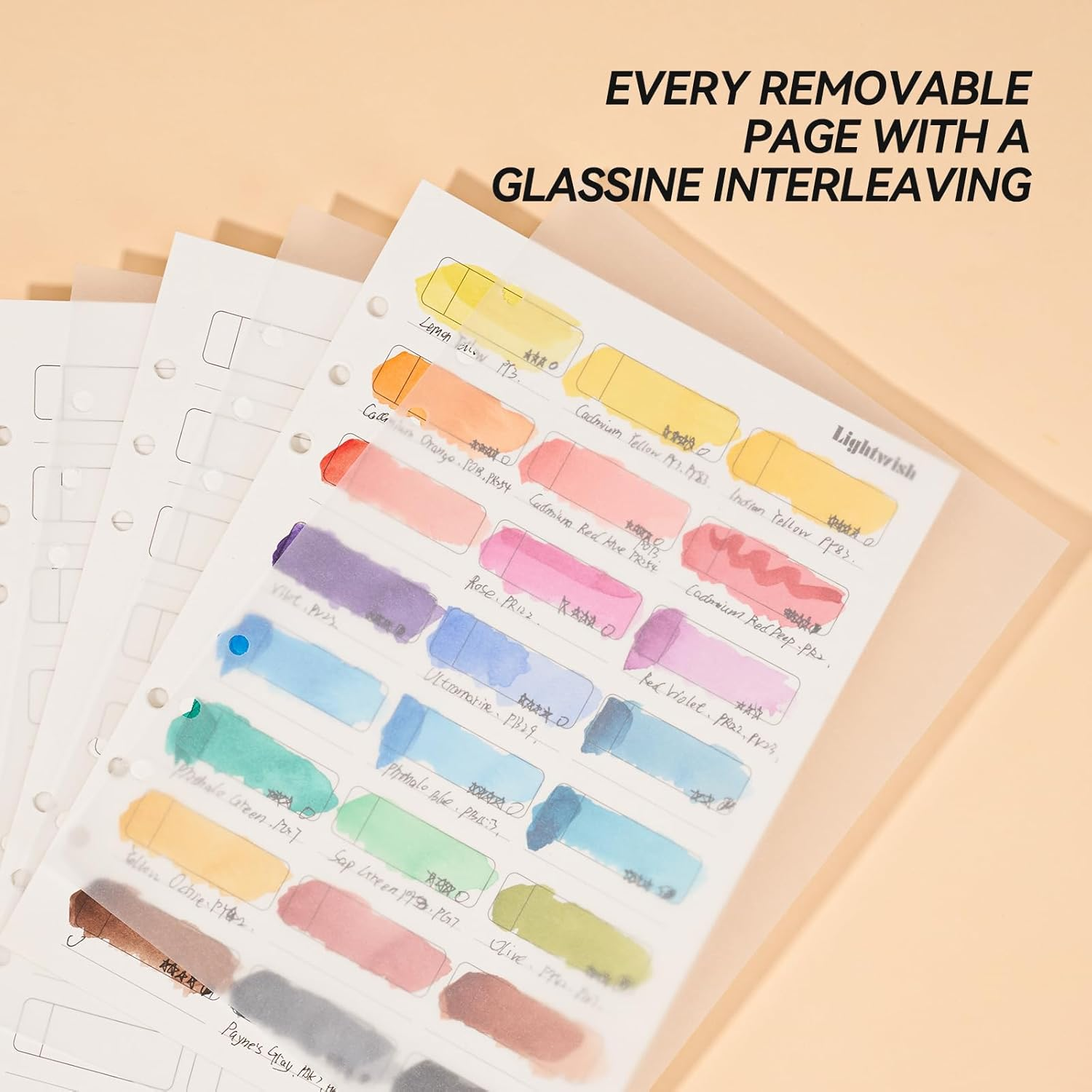 LIGHTWISH Watercolor Swatch Paper Bulk - 100% Cotton Hot Press 300Gsm/140Lb, 2 Pack, Total 40 Sheets 24 Spaces A5 Hole-Punched Replaceable Paper for Watercolor, Gouache, Oil Pastels,5.5 * 8.2 Inches image number 2