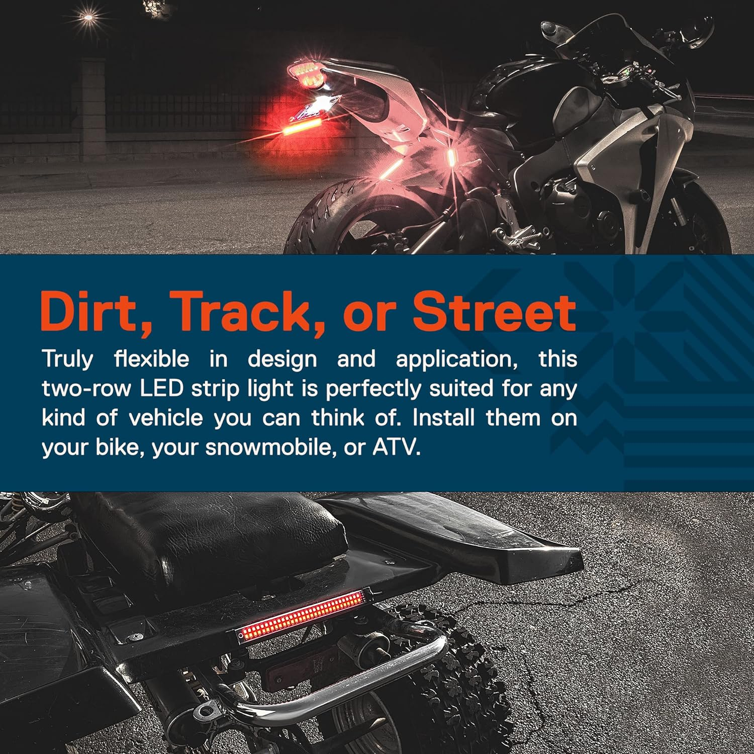 TRUE MODS 1Pc 8" LED Motorcycle Turn Signal & Brake Taillight Strip [Waterproof] [Dual Row] [RED Tail & Brake] [AMBER Sequential Blinker] Self Adhesive Surface Mount Flexible Lamp for ATV Dirt Bike image number 4