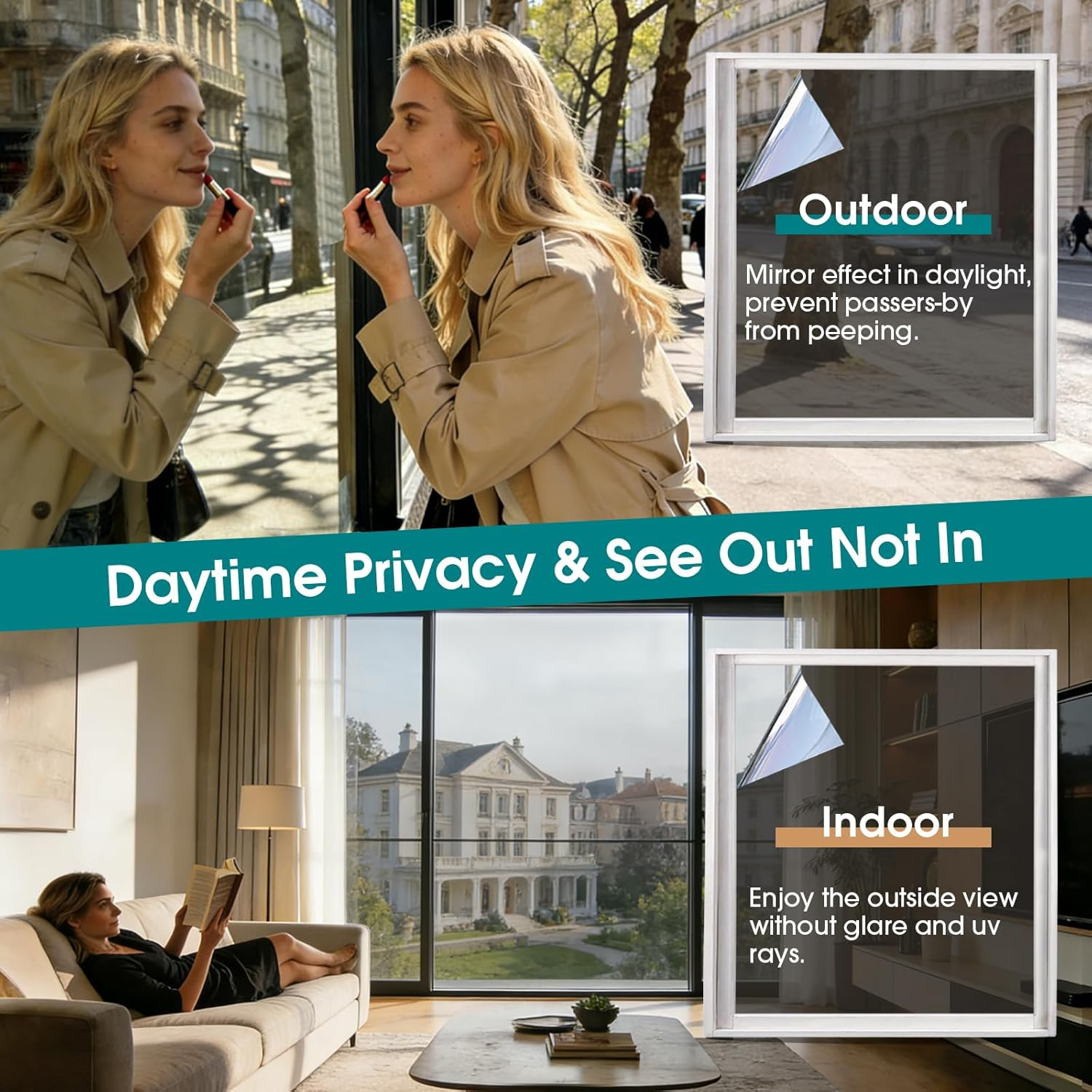 Uexplore-Oz Window Tint Film - One Way Privacy Window Film, Heat UV Blocking Reflective Window Tint, Daytime for Home Mirror Glass Cooling in Summer Easy to Install (75Cm &times; 5M, Silver) image number 2