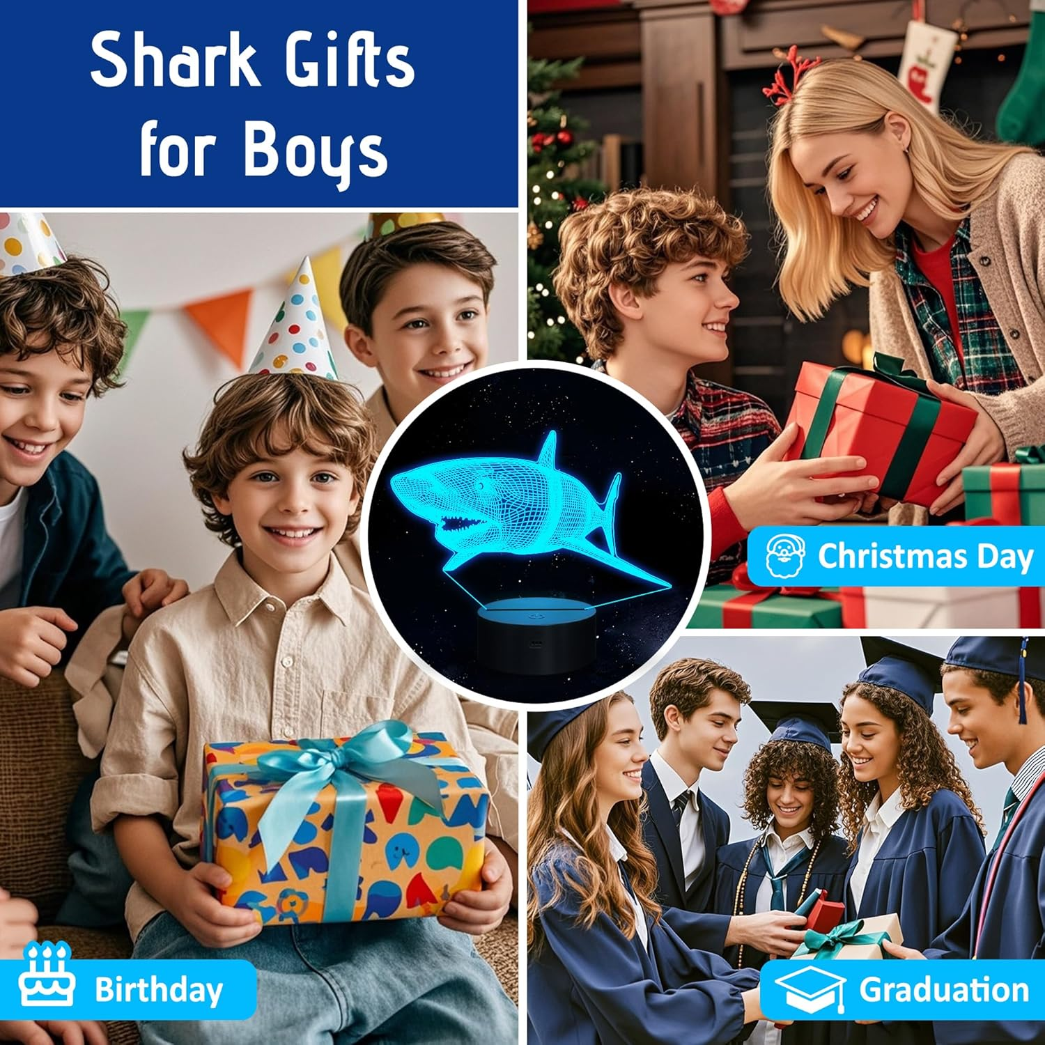 3D Shark Lamps Ocean Animal 3D Illusion Nightlights Led Timer Desk Dimmable Table Shark16 Color Changing Lights with Remote Control for Kids Boys Girls Children Holiday Birthday Xmas Gift image number 5