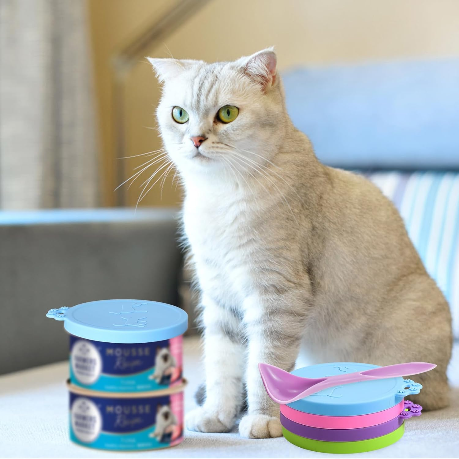 Naapesi 4 Pieces Can Lids for Tins with Spoons, Universal Size Tin Can Covers Lids, Silicone Lid Can Tops Cover for Cat Dog, Standard Size Can Tops and Spoons, Dog Food Tin Lids Covers for Cans image number 5