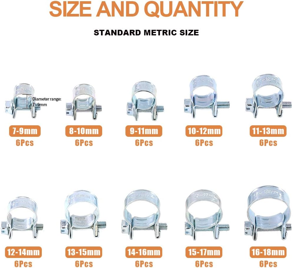 Keadic 60Pcs 10 Sizes Adjustable Zinc Plated Carbon Steel Mini Fuel Injection Style Hose Clamp Assortment Kit for Various Diesel Petrol Pipe image number 3