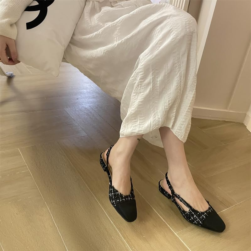 MICIFA Slingback Flats for Women, round Toe Low Heel Sandals Fashion Splicing Dress Shoes for Women, Fabric Black, 8.5 image number 4